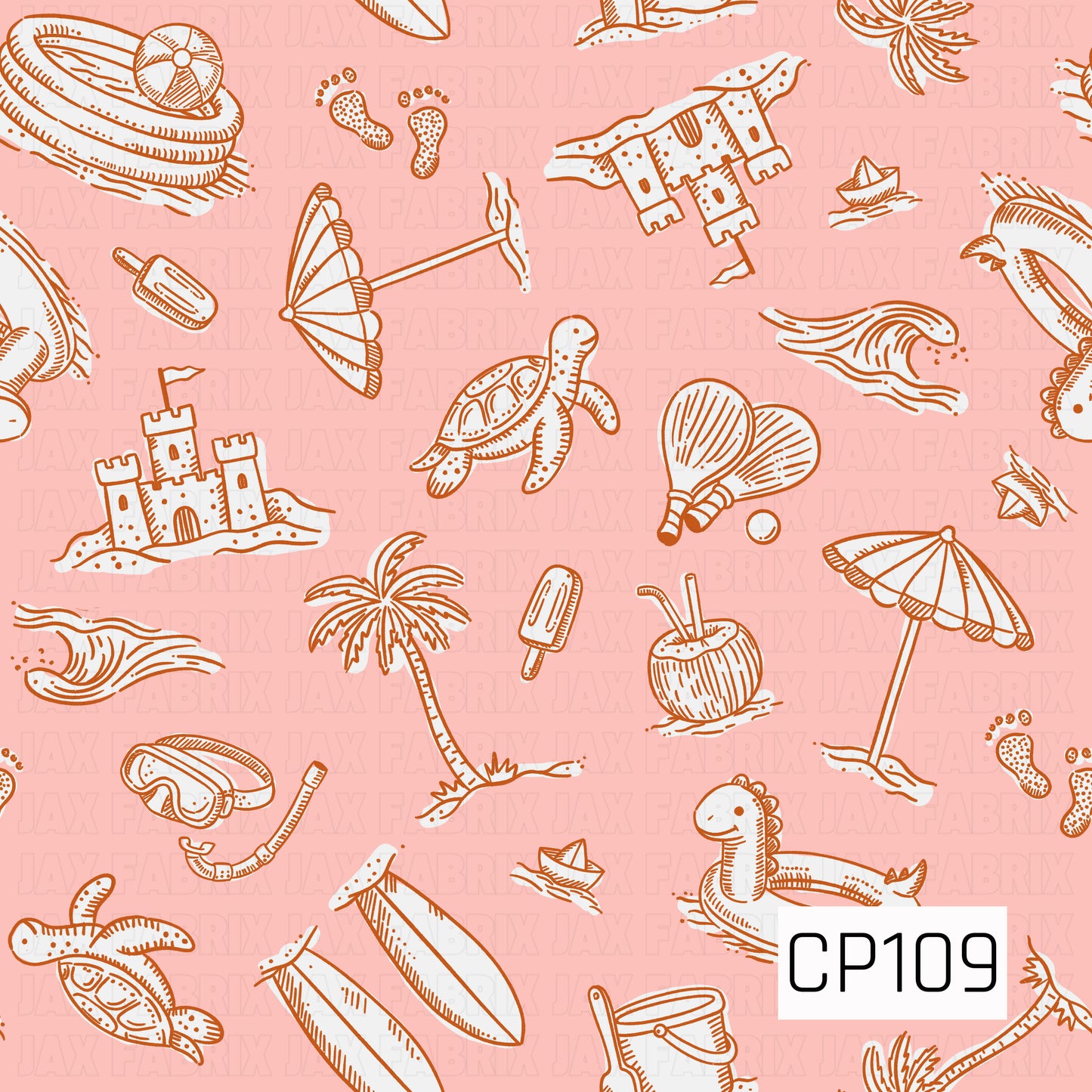 A beach-themed pattern featuring hand-drawn line art illustrations of sandcastles, sea turtles, palm trees, beach umbrellas, surfboards, waves, seashells, coconuts, popsicles, snorkel gear, inflatable toys, beach paddles, sailboats, and playful seaside accents. The design is illustrated in warm caramel brown on a soft blush pink background, creating a fun vintage coastal aesthetic.