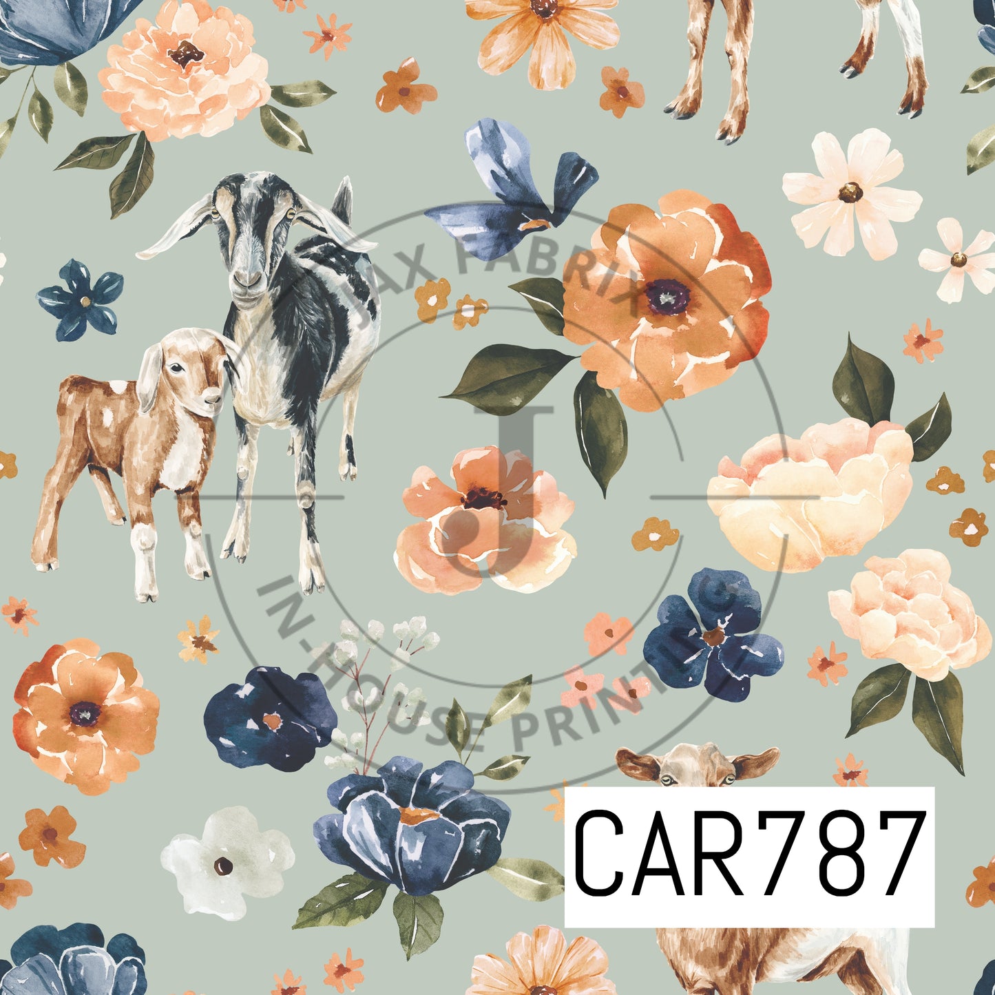Farm and Meadow Goats Floral Mint Blue CAR787