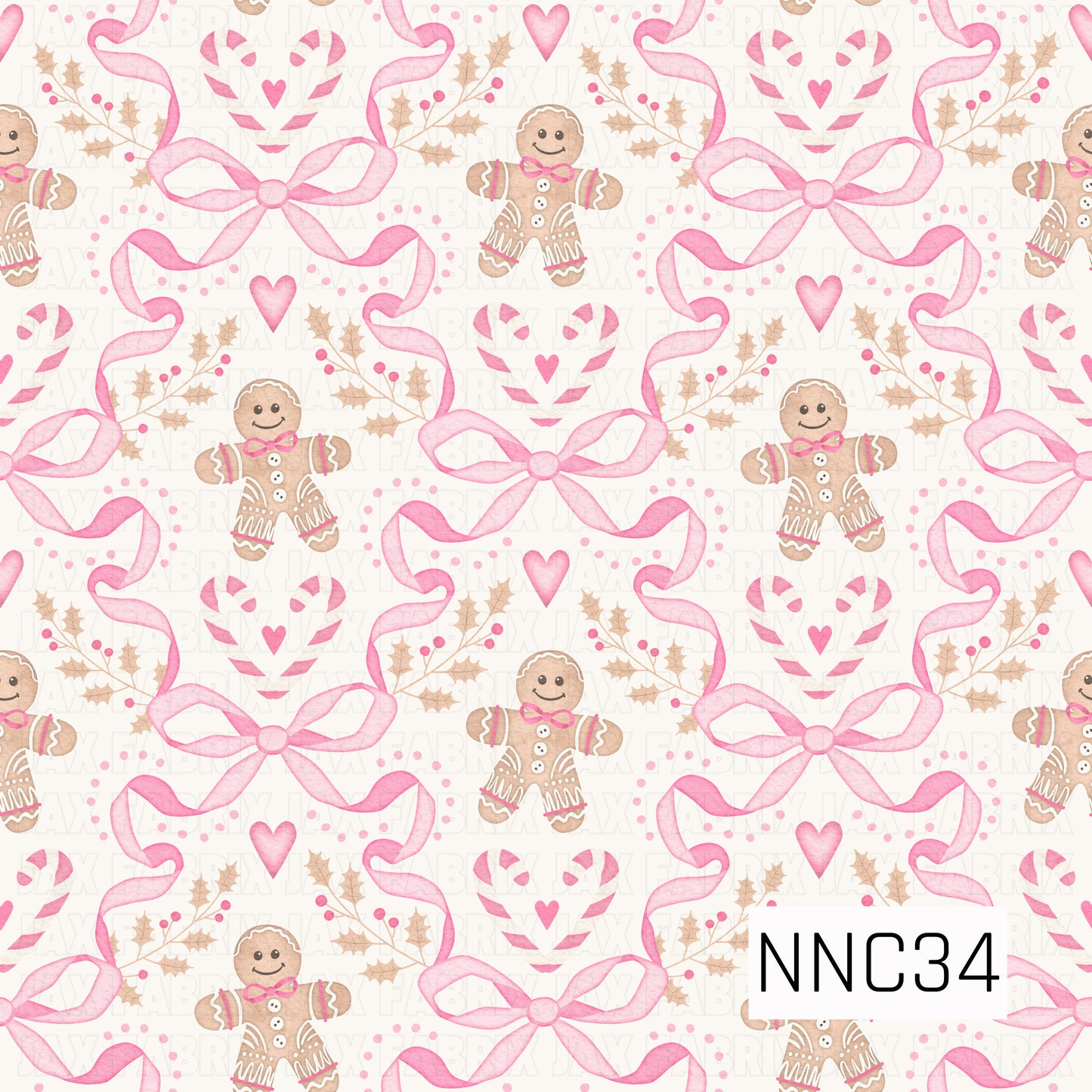 A playful watercolor Christmas pattern featuring gingerbread figures, oversized pink ribbon bows, candy-cane hearts, holly sprigs, and scattered hearts on warm white.