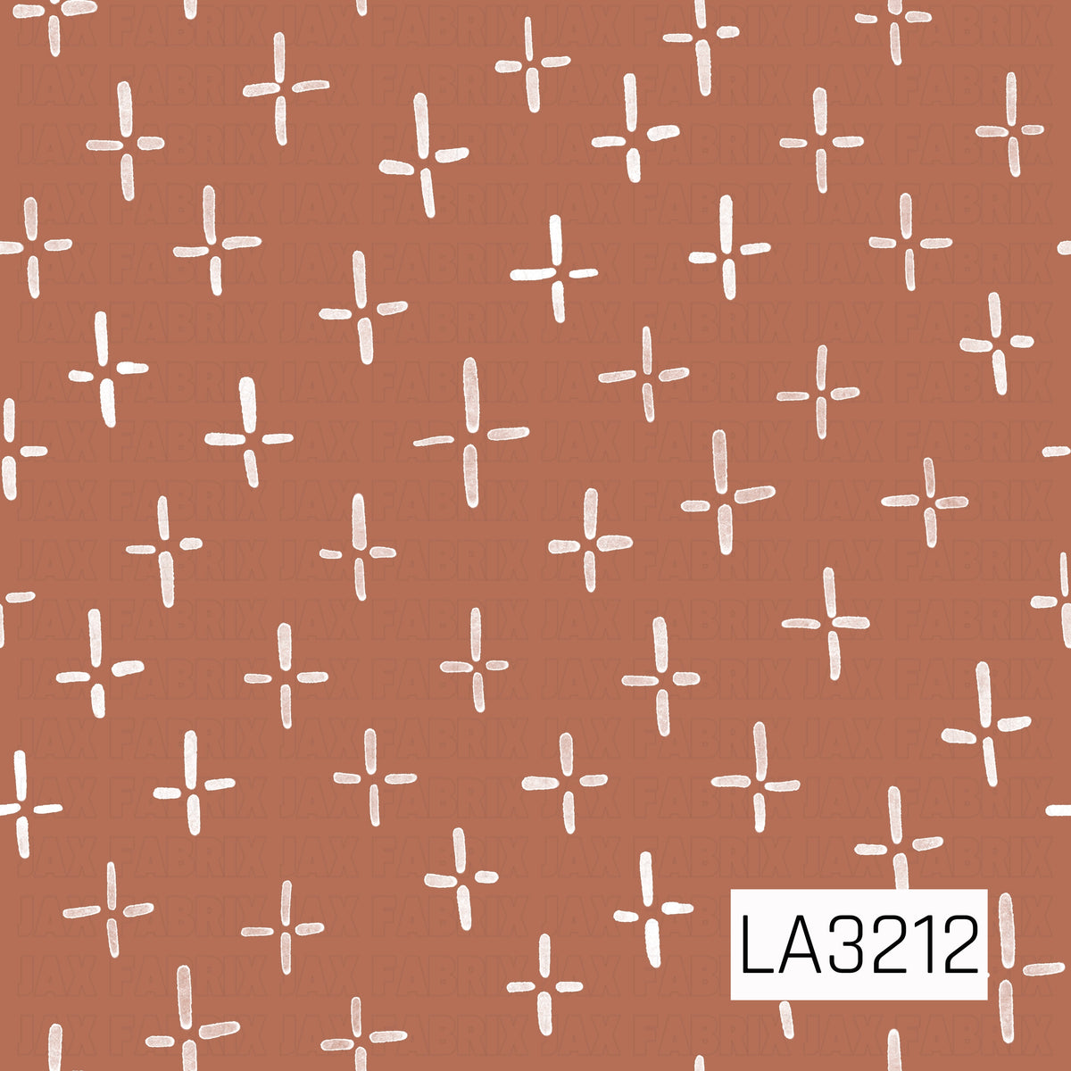 A simple hand-drawn cross pattern featuring scattered white crosses on a warm rust orange background. The softly textured, uneven brushstrokes give the design a casual, handmade feel.