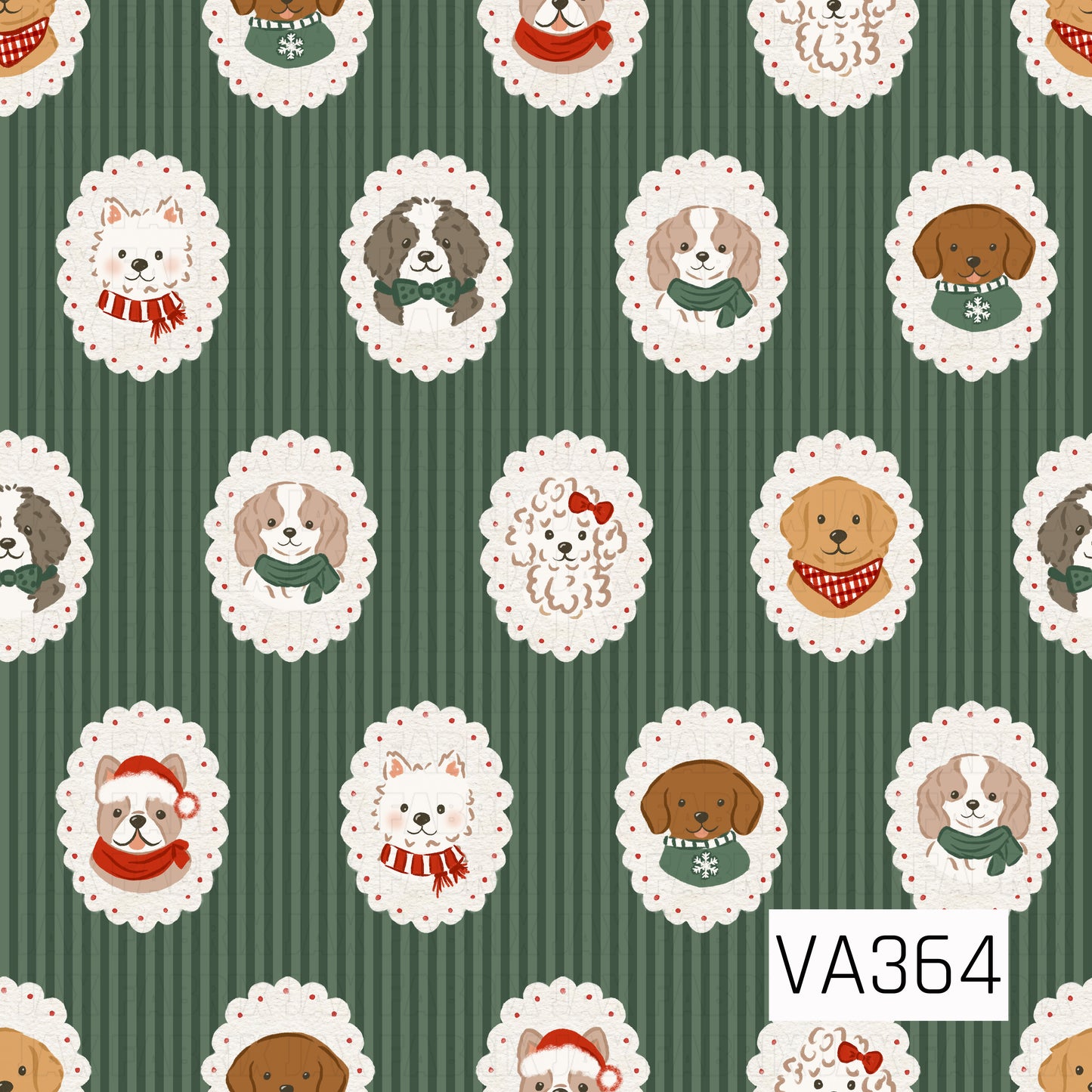 A festive Christmas pattern featuring adorable dogs dressed in cozy holiday accessories, including scarves, sweaters, bows, and Santa hats. Each pup is framed inside a delicate white scalloped cameo, arranged over a deep green striped background with classic red and green accents.