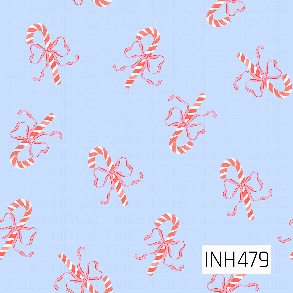 A whimsical candy cane pattern featuring classic red and white striped candy canes tied with oversized, flowing red bows. The motifs are playfully scattered across a soft powder blue background, creating a sweet and festive holiday design with a charming hand-drawn feel.