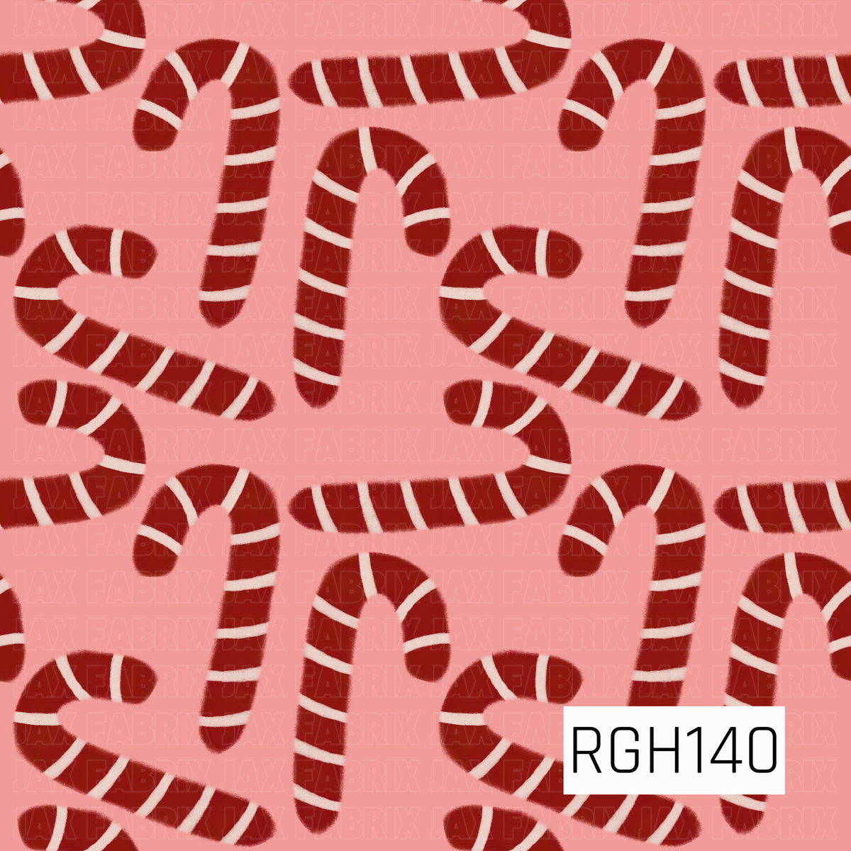 A playful Christmas pattern featuring oversized red candy canes with soft cream stripes scattered across a warm pink background. The slightly textured, hand-drawn style gives the design a cozy and whimsical holiday feel.