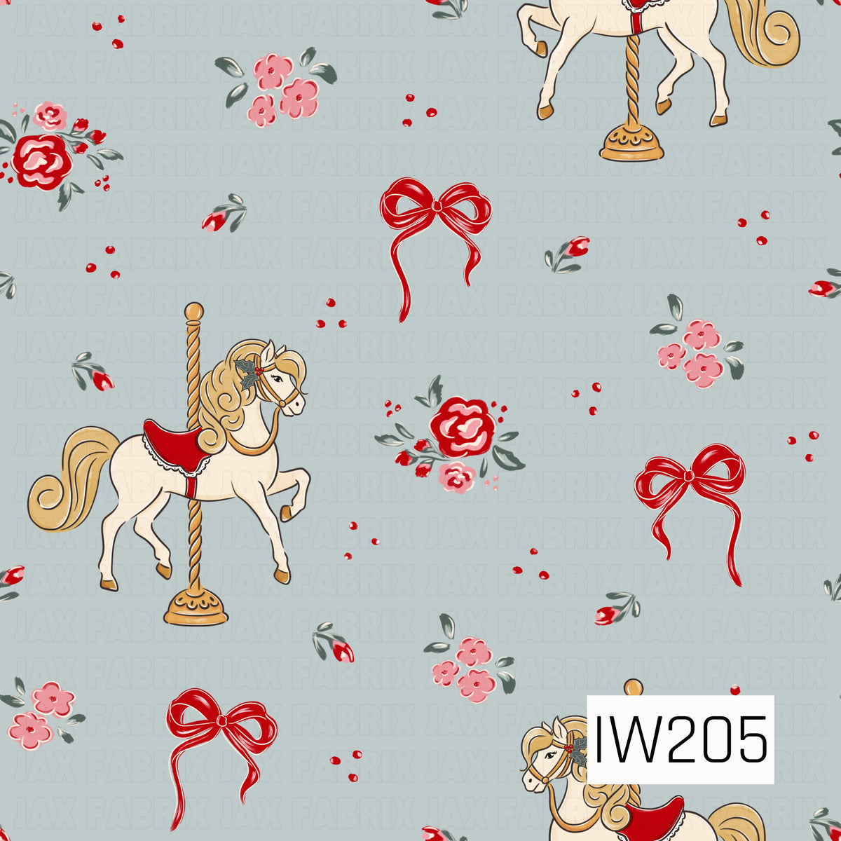 A whimsical vintage Christmas pattern featuring elegant cream carousel horses with flowing golden manes, red saddles, and delicate holly accents. Surrounded by bright red ribbon bows, clusters of red and pink roses, tiny floral sprigs, and scattered red berries against a soft dusty blue background for a charming, nostalgic holiday feel.