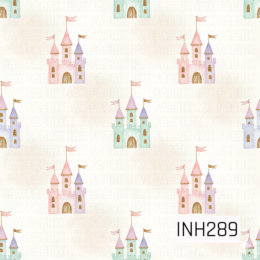 Pattern of small castles with colorful towers and flags on a light background.