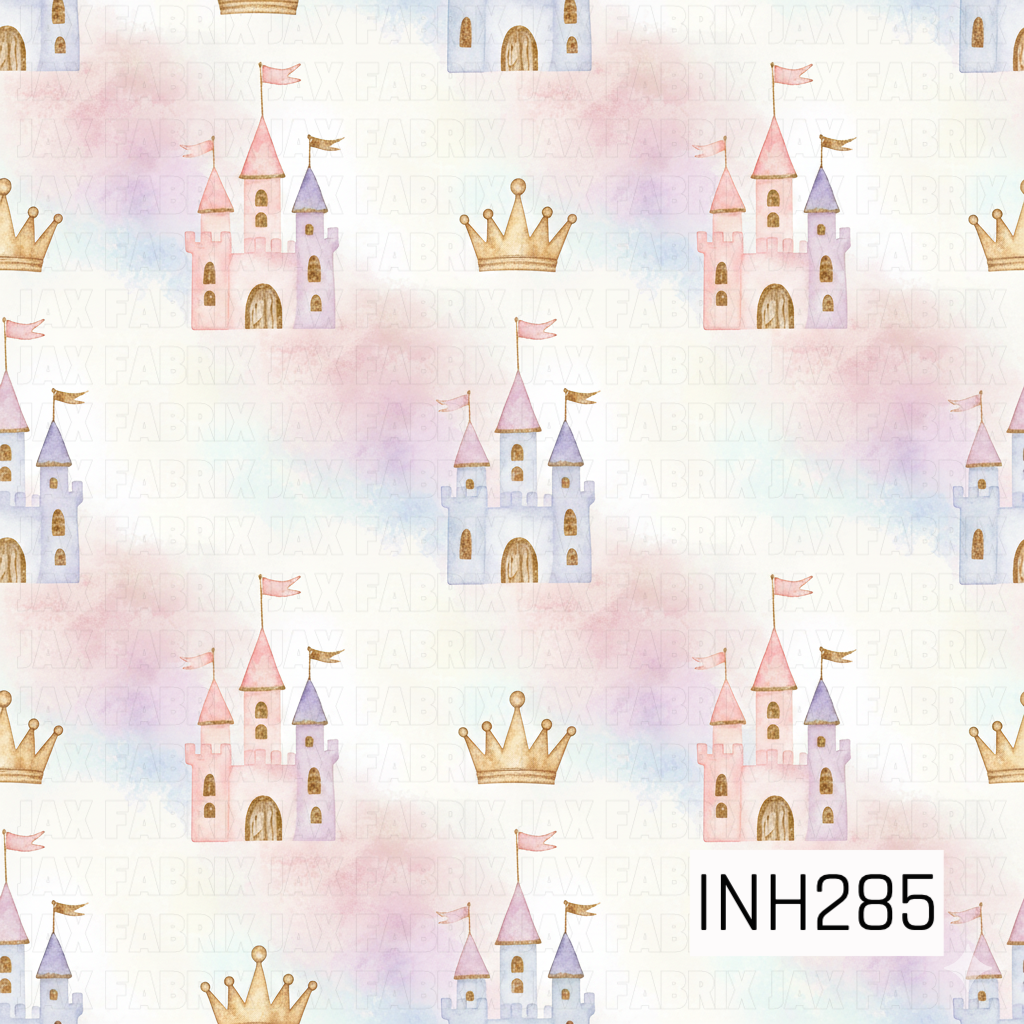 Pattern of fairy tale castles and crowns on a pastel background