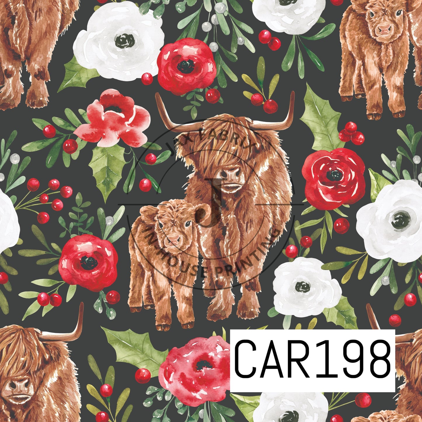 Holly And Pine Highland Cow Floral Black CAR198