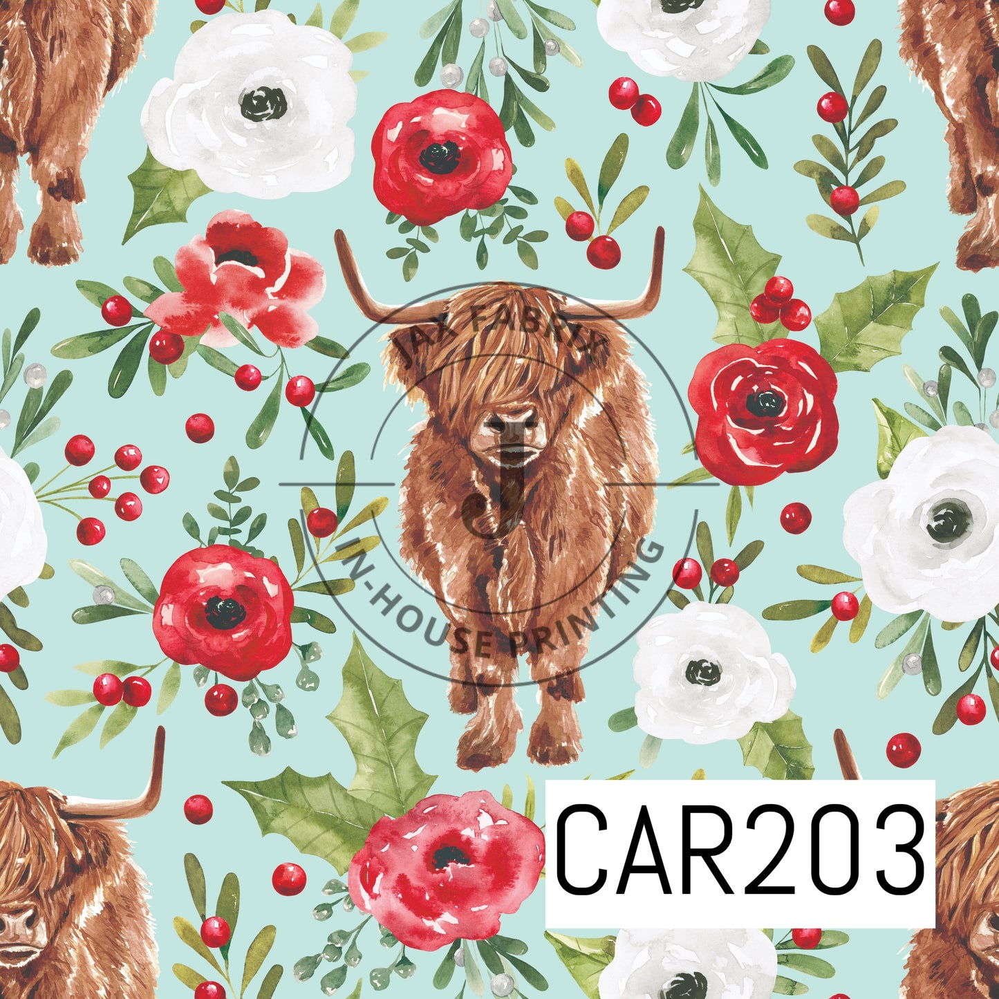 Holly And Pine Highland Cow Floral Blue CAR203