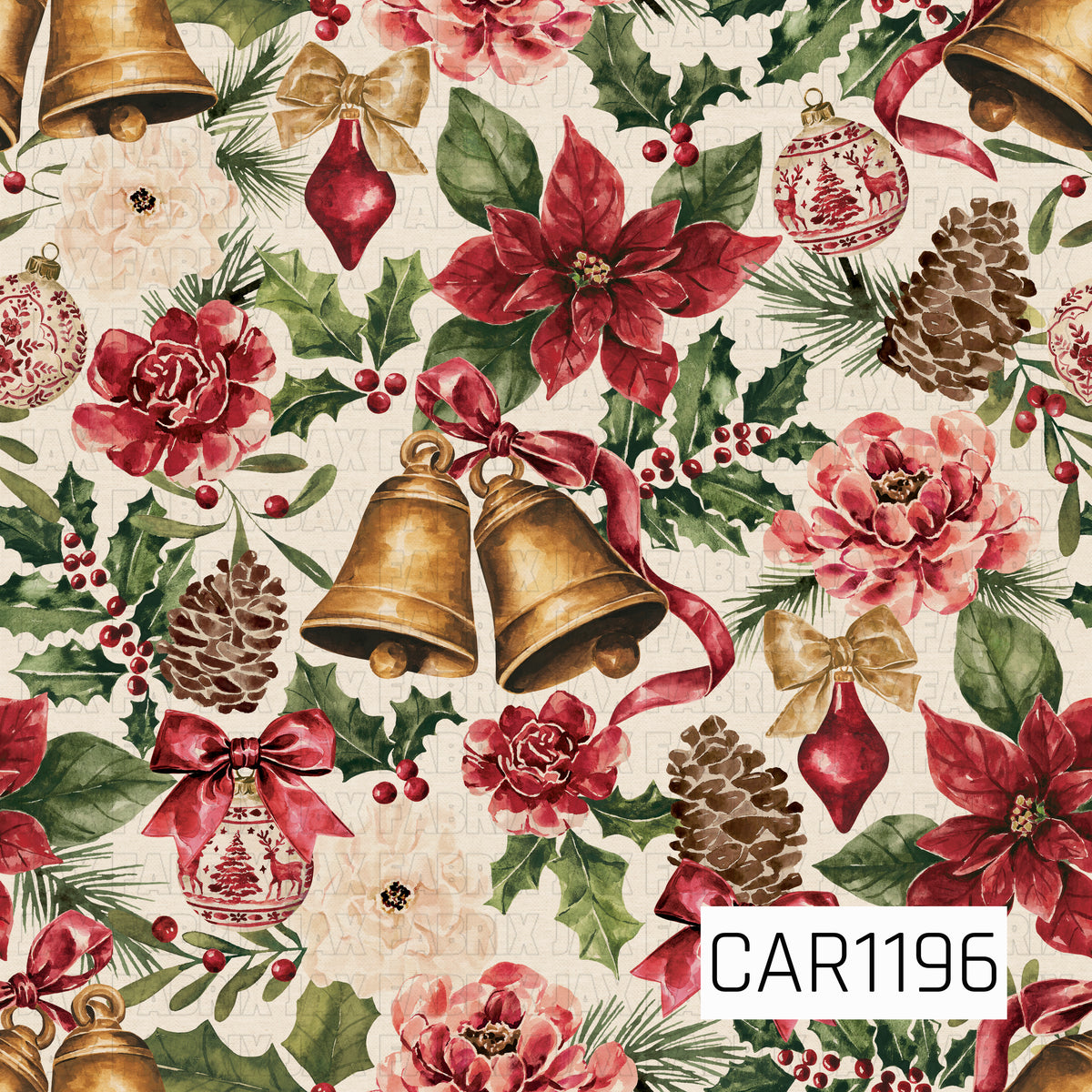 A vintage-inspired Christmas floral featuring golden bells, red poinsettias, blush and ivory flowers, pinecones, holly, berries and festive ornaments tied with bows. The warm ivory background gives the traditional red, green and gold palette a soft, classic holiday feel.