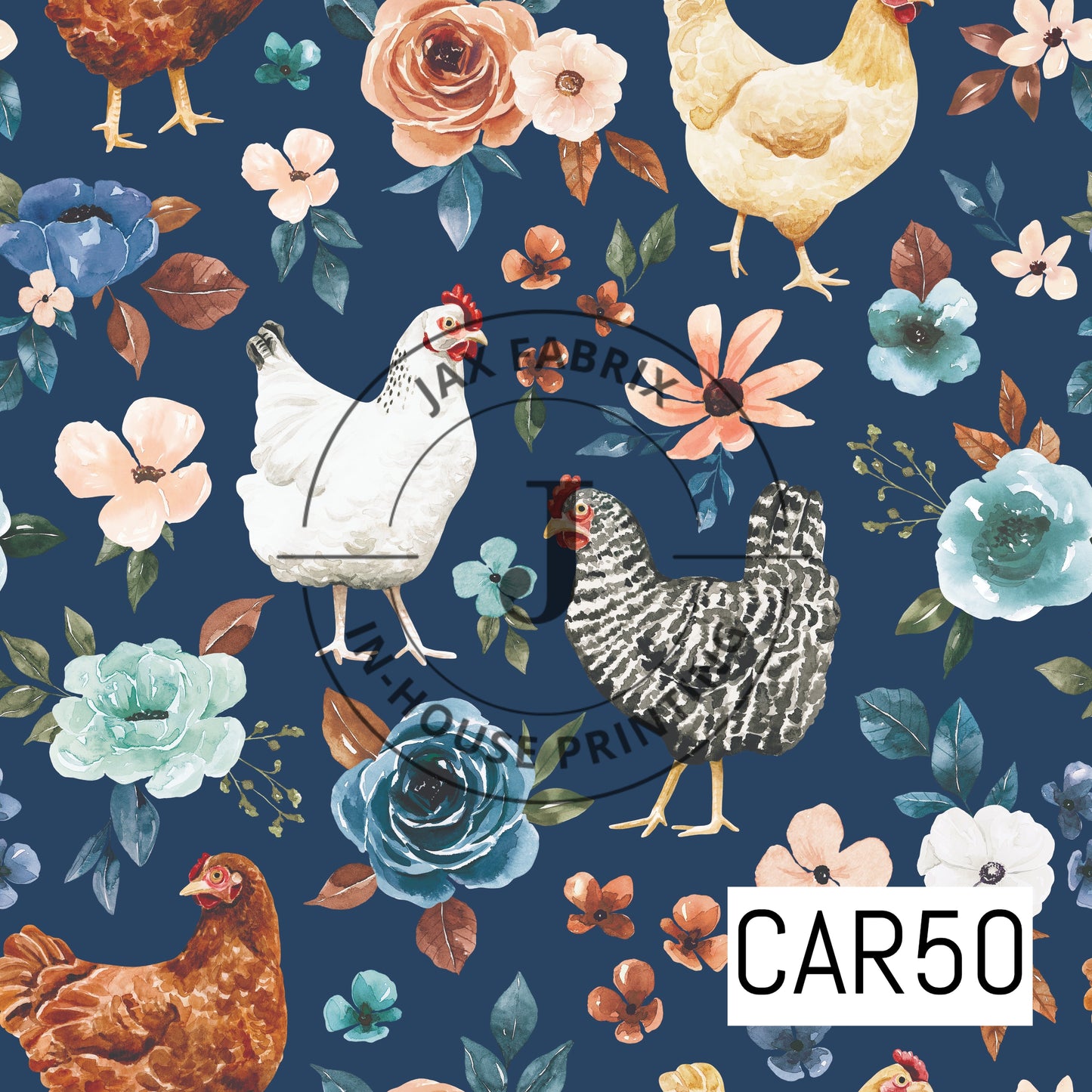 Rust and Royal Chicken Floral Blue CAR50
