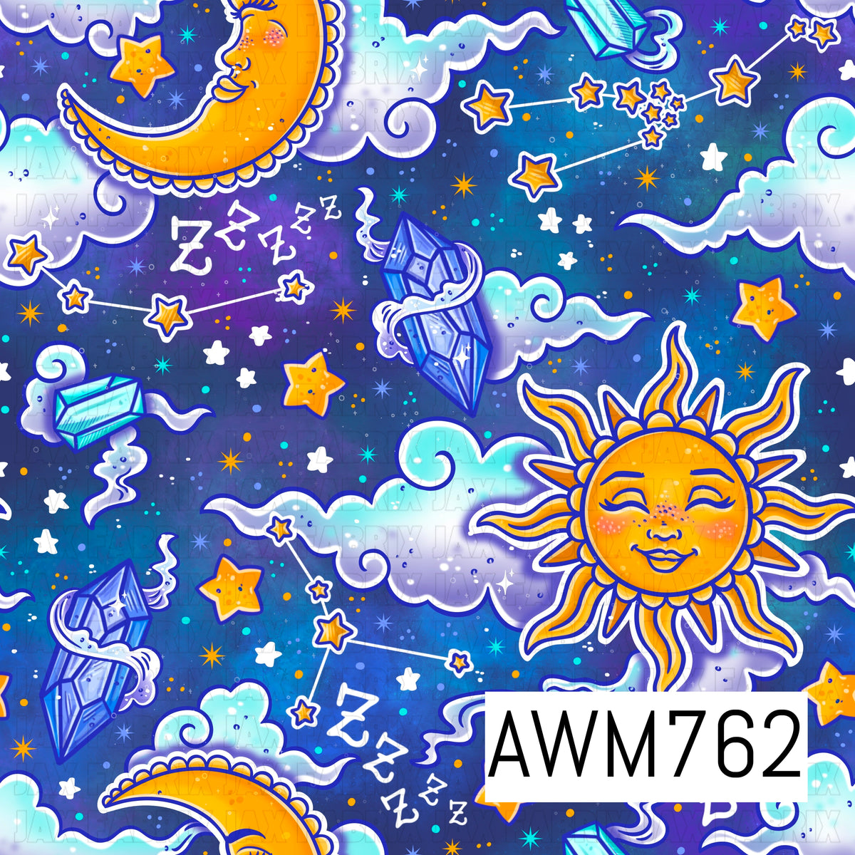 A dreamy seamless pattern featuring smiling suns, crescent moons, fluffy clouds, sparkling stars, crystal clusters, constellation accents, and whimsical celestial details in vibrant shades of golden yellow, blue, teal, white, and purple, all set against a deep midnight blue background. The magical artwork creates a cozy, celestial-inspired design with a playful, enchanting feel.