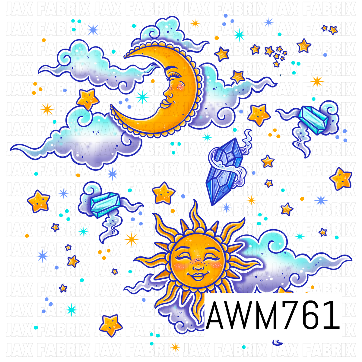 A whimsical PNG featuring smiling suns, crescent moons, fluffy clouds, sparkling stars, crystal clusters, constellation accents, and celestial details in vibrant shades of golden yellow, blue, teal, white, and purple. Perfect for custom apparel, bags, stickers, tumblers, journals, stationery, nursery décor, and other celestial-inspired handmade creations.