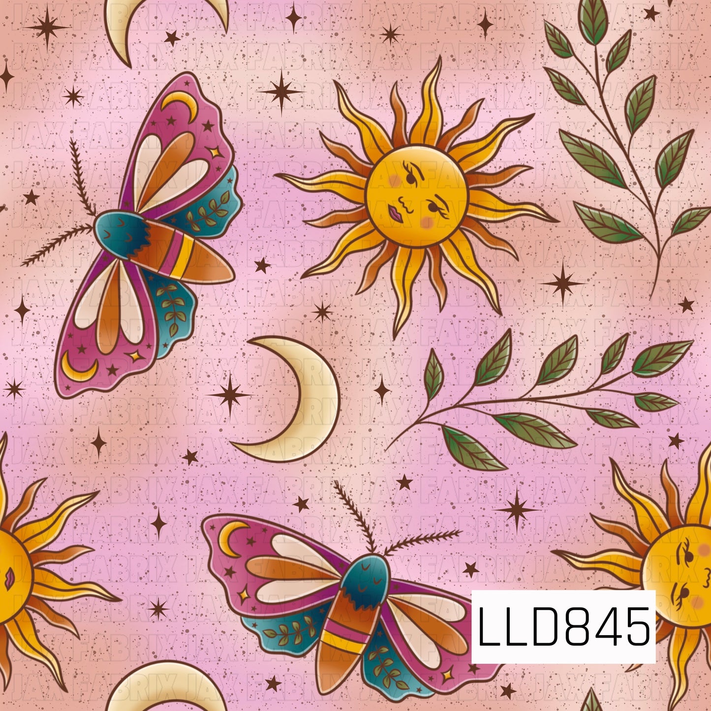 A seamless celestial pattern featuring golden suns with faces, crescent moons, whimsical moths, leafy branches, and scattered stars on a soft pink and peach watercolor background.
