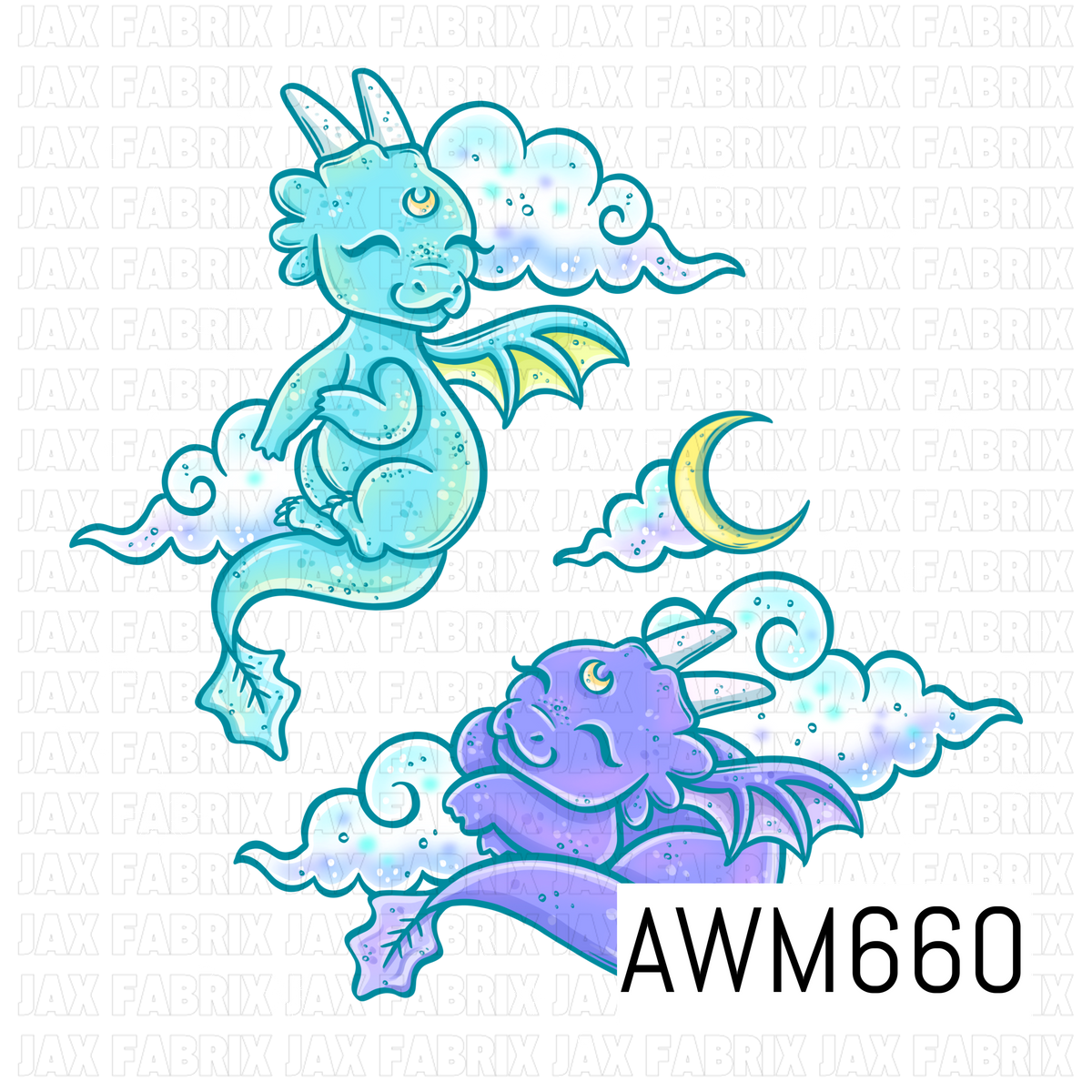 A dreamy celestial dragon PNG featuring sleepy aqua and lavender dragons resting among fluffy clouds, surrounded by golden crescent moons, twinkling stars and scattered sparkles. Soft blues and purples with yellow accents create a whimsical nighttime feel.