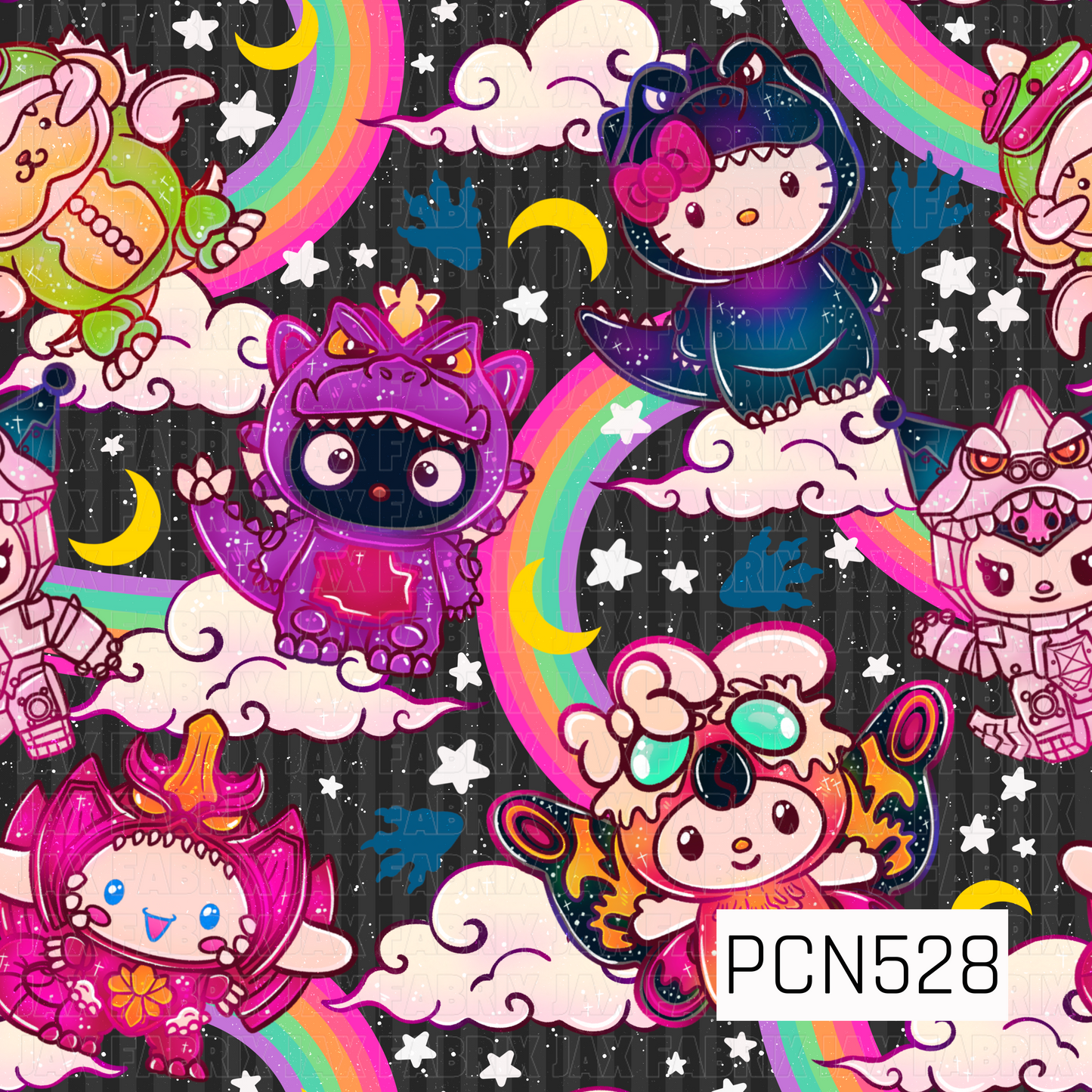 A colorful kawaii pattern featuring cute characters dressed in playful monster costumes, surrounded by bright rainbows, fluffy clouds, crescent moons, and stars on a charcoal striped background.