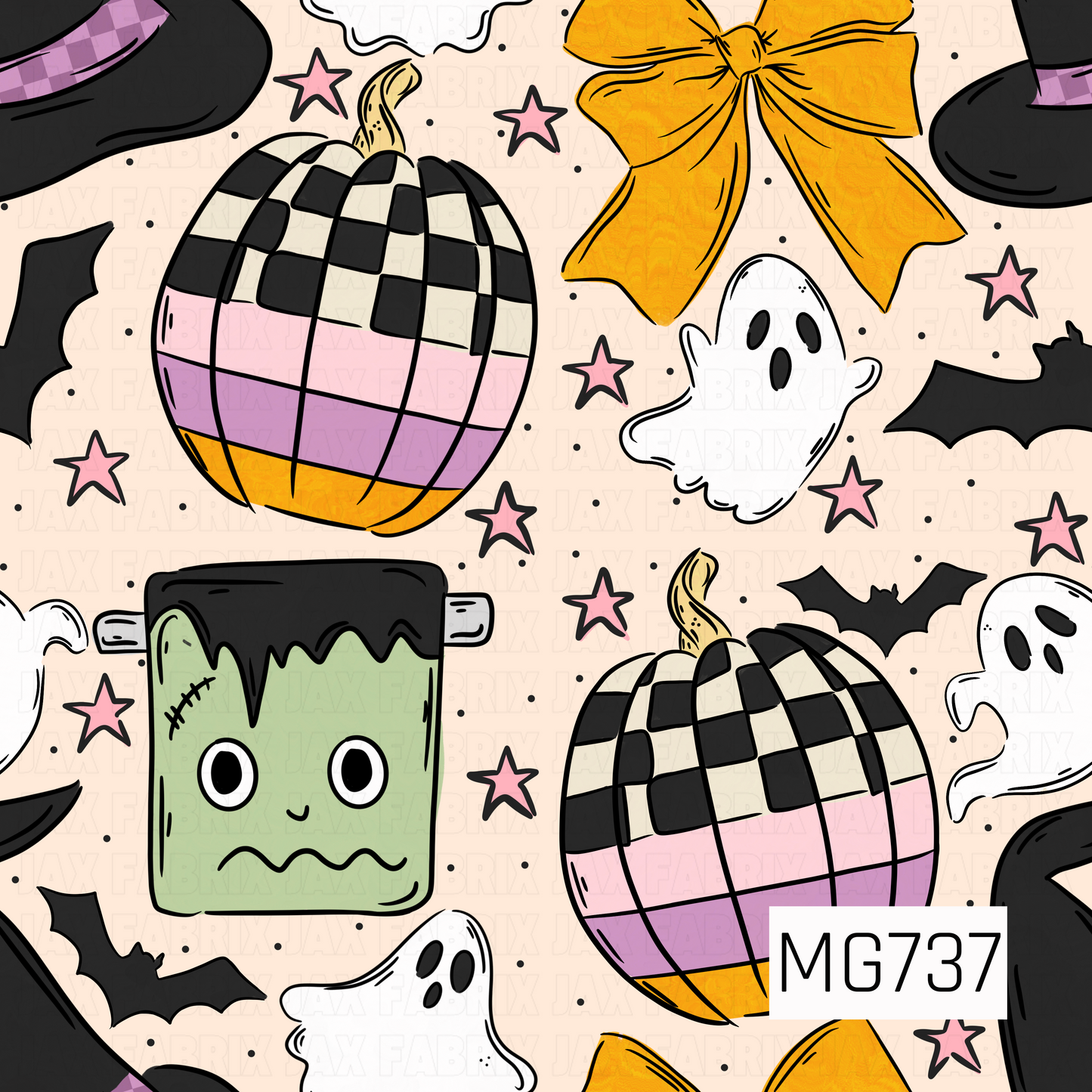Playful Halloween pattern featuring black-and-cream checkered pumpkins with pink, purple, and golden orange accents, friendly white ghosts, black bats, a cute sage green Frankenstein, oversized golden orange bows, and scattered pink stars. A warm soft beige background gives the design a sweet, whimsical Halloween look.