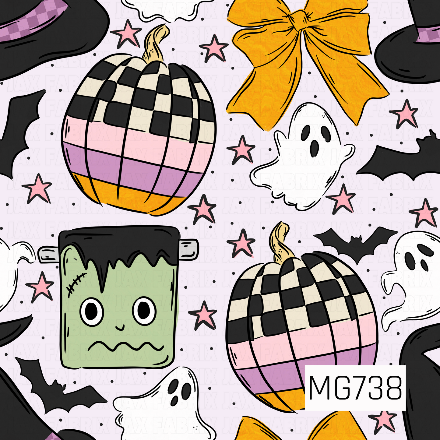 Playful Halloween pattern featuring black-and-cream checkered pumpkins, friendly white ghosts, black bats, a cute green Frankenstein, oversized golden orange bows, and scattered pink stars. A soft light lavender background pairs with pastel pink, purple, sage green, orange, black, and cream for a sweet, whimsical Halloween look.