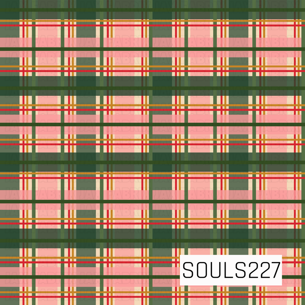 A bold retro-inspired plaid featuring wide bands of deep forest green and soft blush pink layered with cream, bright red, and warm golden mustard accent stripes. The mix of thick color blocks and fine intersecting lines creates a classic tartan look with a playful, vintage Christmas feel.