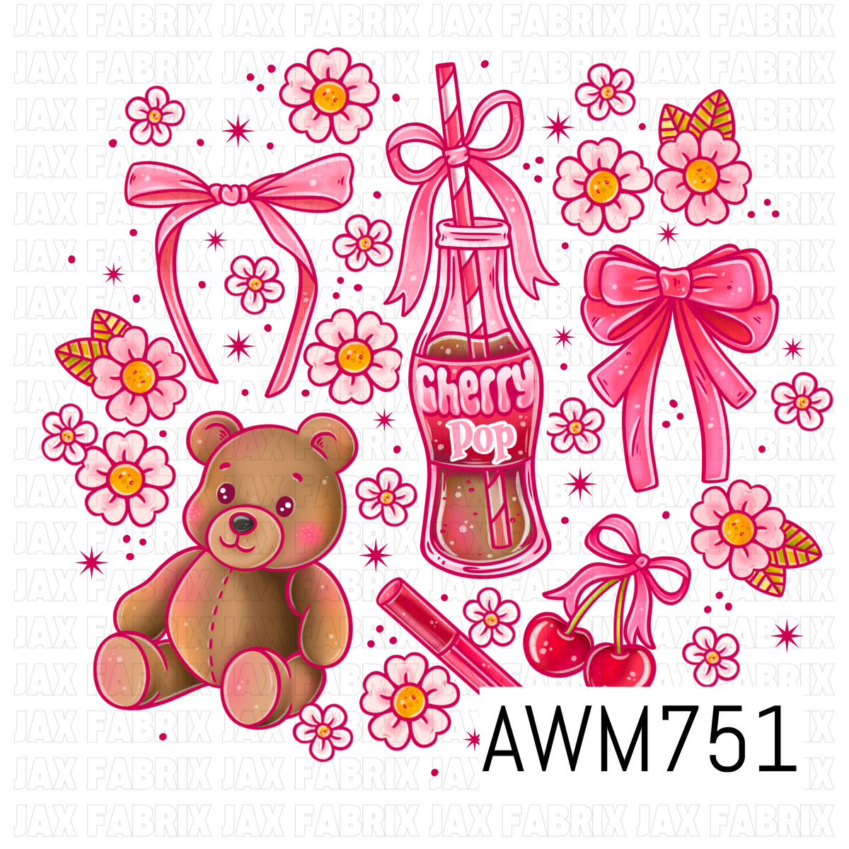 This adorable PNG features a sweet teddy bear, pink bows, a cherry soda bottle, cherries, blooming flowers, and playful sparkles in bright shades of pink, cherry red, and warm brown. Perfect for creating stickers, sublimation designs, apparel, tumblers, planners, stationery, and other cute retro-inspired crafts.
