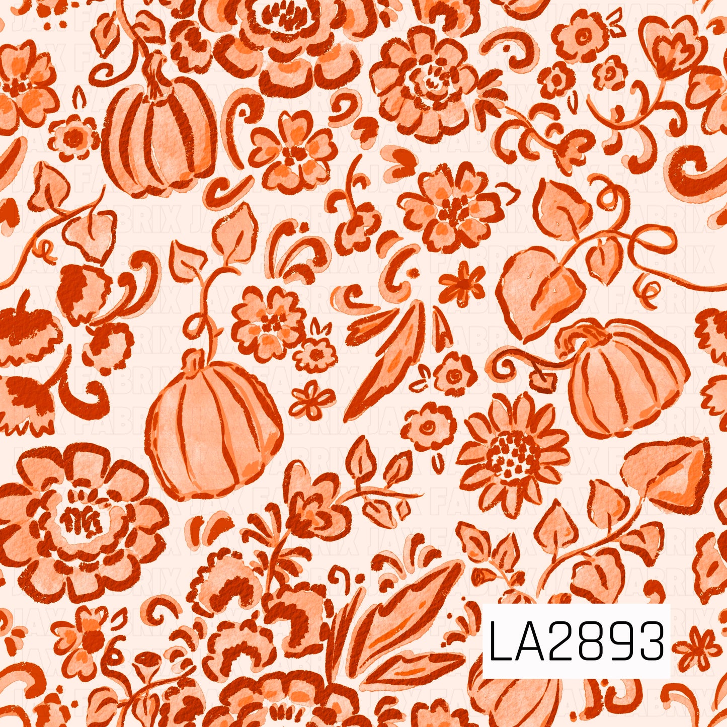 A hand-painted autumn pattern featuring soft watercolor pumpkins intertwined with whimsical florals, curling vines, and leafy accents in warm pumpkin orange and peach tones. The vintage-inspired artwork creates a cozy, elegant design with a timeless fall feel.