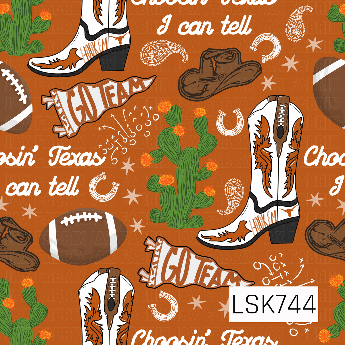 A western football print featuring cowboy boots, hats, footballs, cacti, horseshoes, paisley accents, pennants, and playbook doodles. Warm burnt orange, brown, green, and white tones come together on an orange background with “Choosin’ Texas I can tell” lettering throughout.