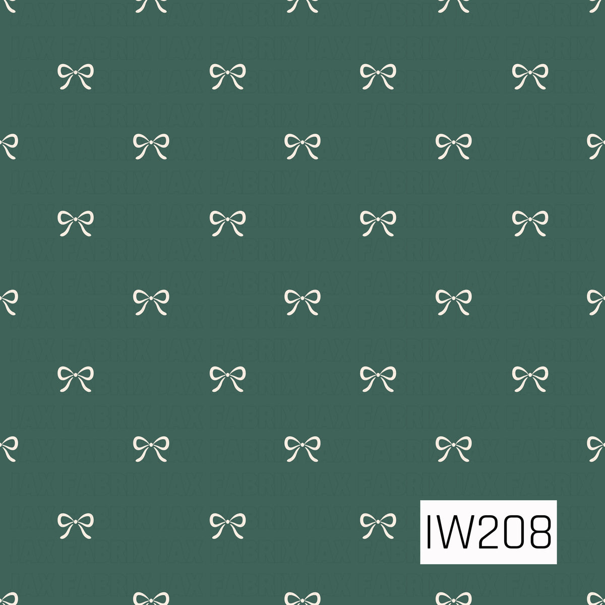 A simple and charming pattern featuring delicate cream-colored ribbon bows arranged in evenly spaced, alternating rows across a deep muted forest green background. The dainty bows and minimalist layout give this design a sweet, timeless feel.
