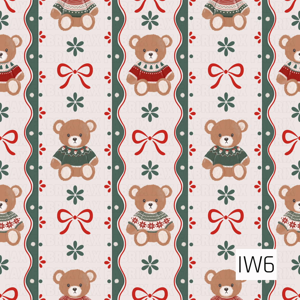 A sweet Christmas stripe featuring cozy teddy bears in festive holiday sweaters, classic red bows, and simple green floral accents. Wavy deep green borders and pops of red create a charming vintage-inspired look against a soft cream background.