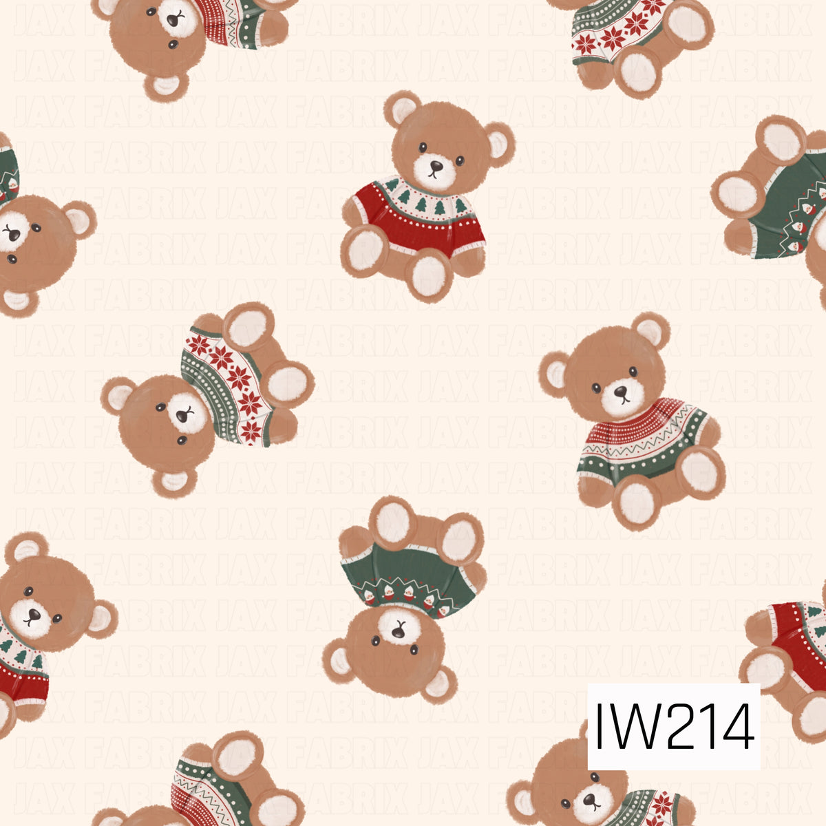 A sweet and cozy Christmas pattern featuring adorable fuzzy brown teddy bears scattered in playful directions across a soft creamy ivory background. Each bear wears a festive sweater in shades of deep red, forest green, and cream, decorated with Christmas trees, snowflakes, Santa faces, and intricate Fair Isle details. The warm neutral background gives this charming design a soft, nostalgic holiday feel.