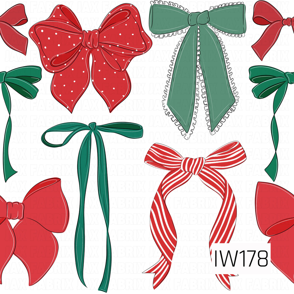 A festive Christmas pattern featuring an assortment of hand-drawn bows in classic red and green shades on a crisp white background. The bows showcase a variety of styles, including oversized red bows with white polka dots, delicate sage green bows with ruffled edges, long-tailed emerald green ribbon bows, and playful red and white striped bows.