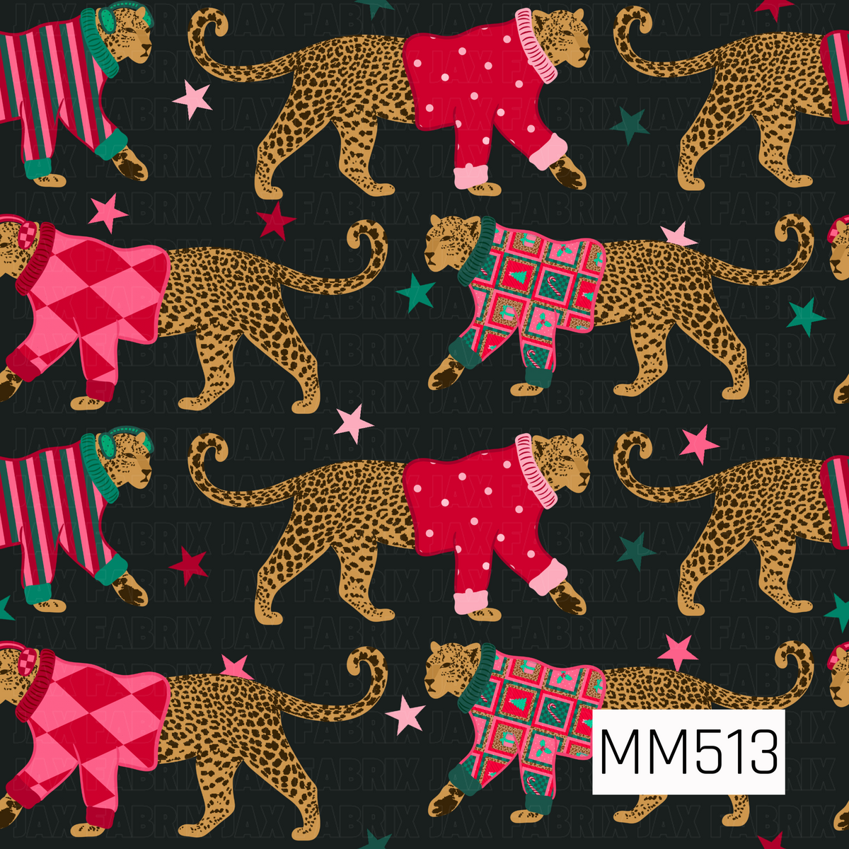 A fun and festive Christmas leopard pattern featuring golden tan leopards covered in dark brown and black spots, walking across a deep charcoal black background. Each leopard is dressed in a colorful holiday sweater featuring playful designs, including bold pink, red, and green stripes, bright red with soft pink polka dots, pink and red argyle diamonds, and festive patchwork squares decorated with Christmas trees, candy canes, and other holiday details. Cozy ribbed collars and cuffs in coordinating shades o