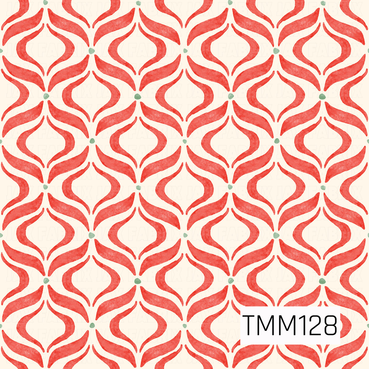 A festive seamless ogee pattern featuring flowing, symmetrical shapes in a bright Christmas red with small sage green accents. The soft watercolor texture and warm ivory background give the design a charming hand-painted holiday feel.