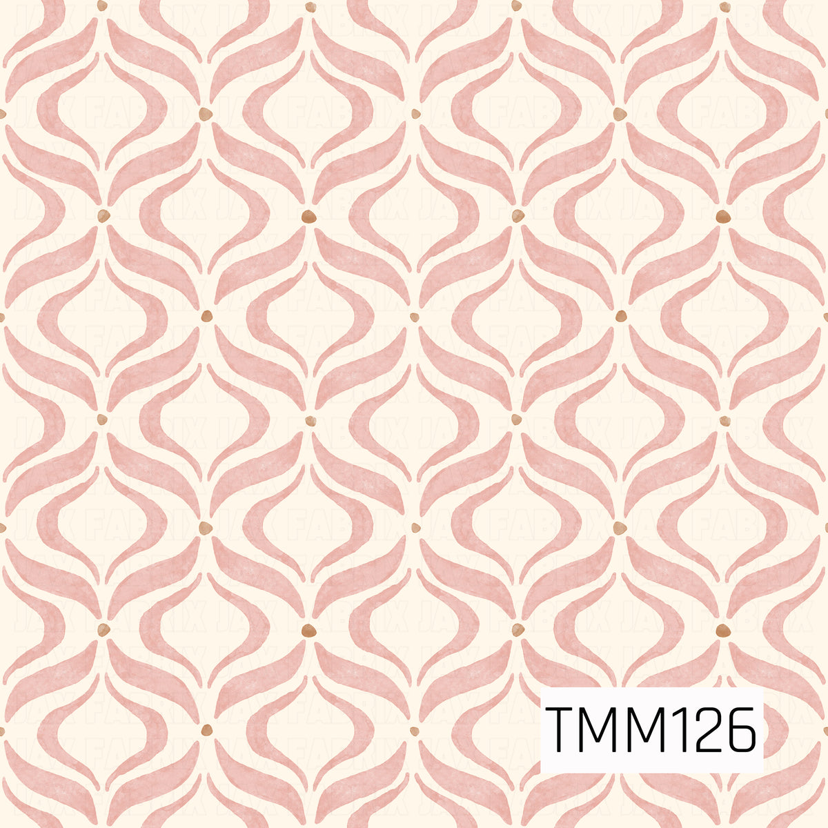 A soft watercolor seamless pattern featuring flowing, symmetrical ogee-inspired shapes in dusty blush pink, accented with small warm brown details. Set against a creamy ivory background, the hand-painted texture gives the design a delicate, vintage-inspired feel.