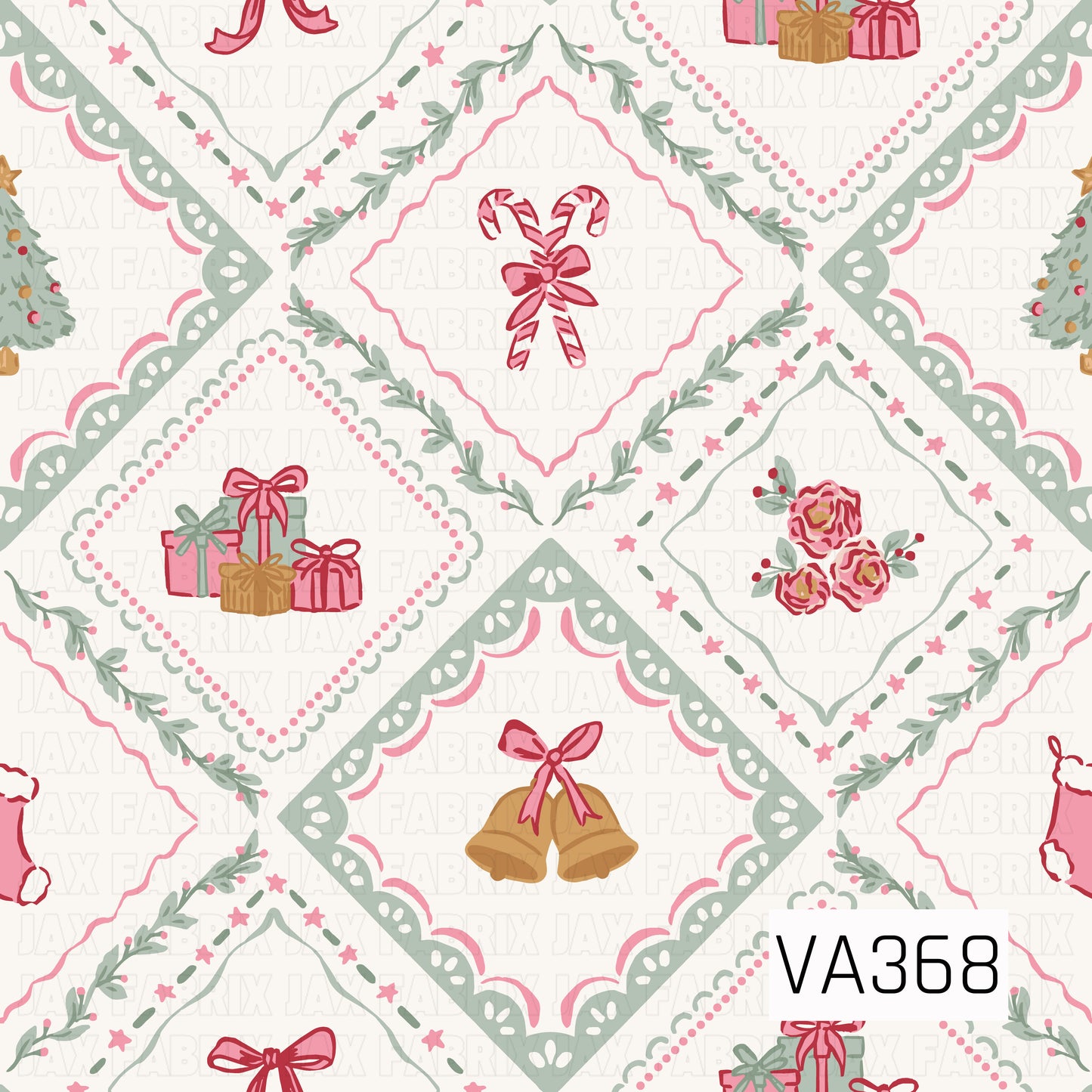 A festive Christmas quilt-inspired pattern featuring decorative diamond frames filled with candy canes, wrapped presents, golden bells, pink florals, Christmas trees, and stockings. Soft misty sage, pink, red, and gold details are accented with leafy greenery, tiny stars, scalloped borders, and dotted trim on a warm cream background.