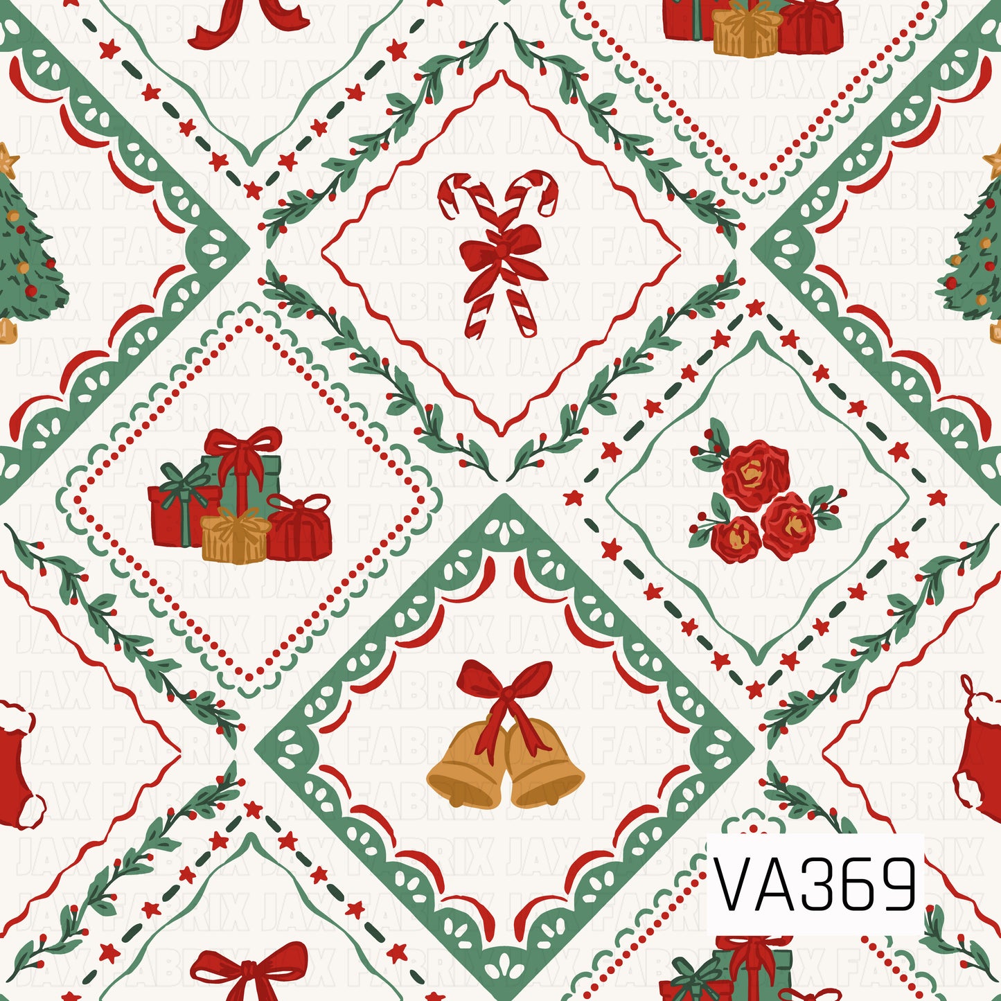 A festive Christmas quilt-inspired pattern featuring decorative diamond frames filled with classic holiday motifs. Candy canes, wrapped presents, golden bells, red florals, Christmas trees, and stockings are surrounded by leafy greenery, stars, scalloped borders, and dotted accents in traditional red, green, gold, and cream tones.