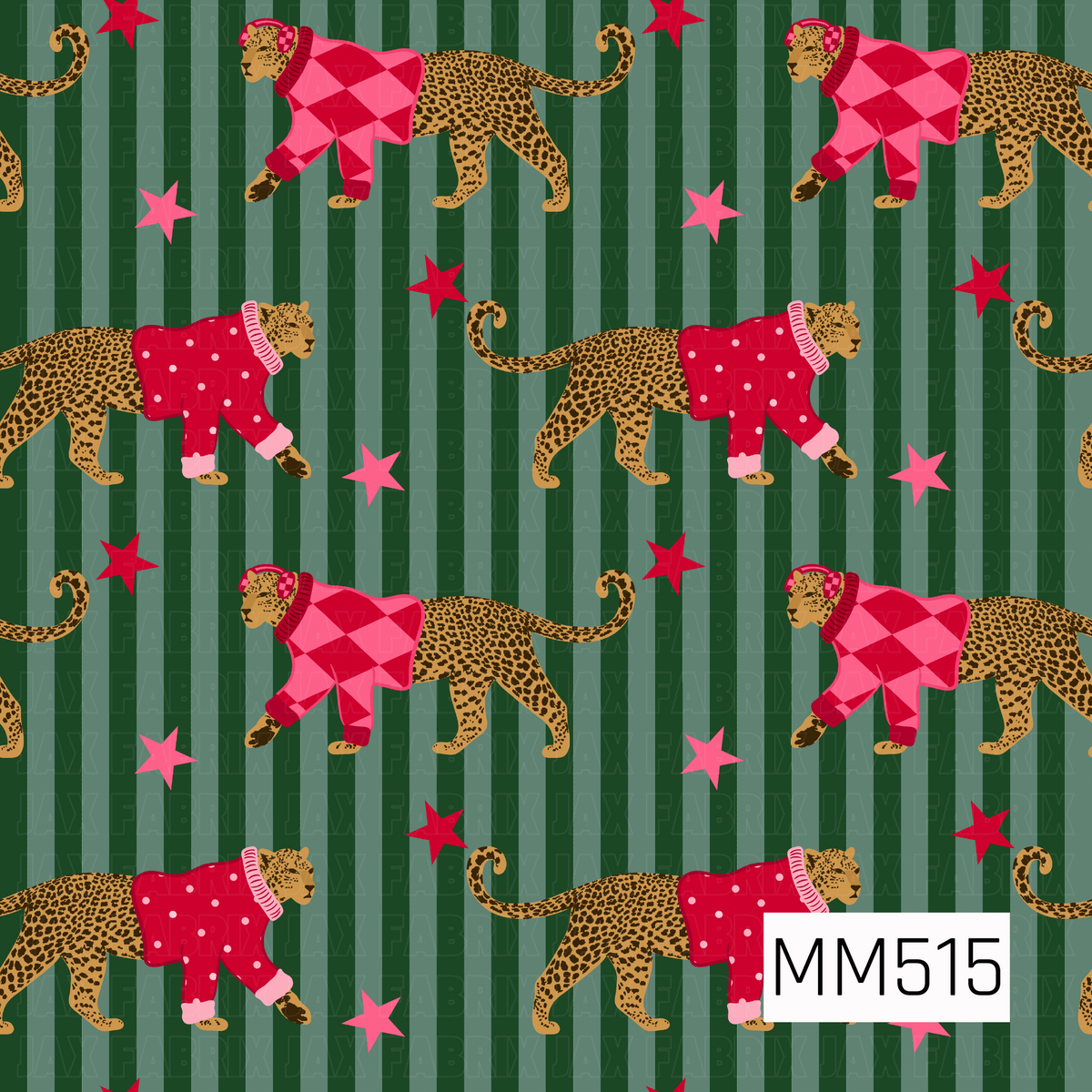 A whimsical Christmas leopard pattern featuring golden tan leopards covered in dark brown and black spots, walking across a rich forest green background with alternating vertical stripes in deep green and muted sage green. Each leopard is dressed in a cozy holiday sweater featuring either a bold pink and red argyle diamond design with matching earmuffs or a vibrant cherry red sweater decorated with soft pink polka dots and coordinating ribbed cuffs. Their long, curled tails and detailed spotted coats add a