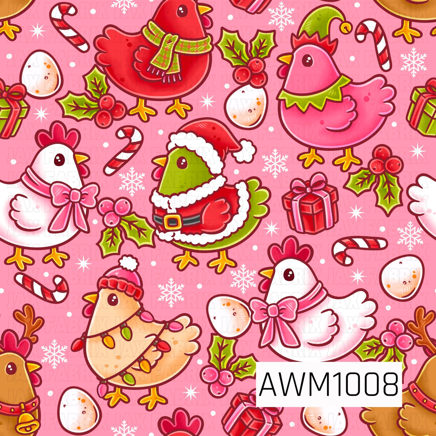 A playful Christmas pattern featuring colorful chickens dressed in festive holiday outfits, including Santa suits, cozy scarves, bows, elf hats, and Christmas lights. Candy canes, wrapped presents, holly berries, ornaments, and white snowflakes are scattered across a cheerful pink background for a fun, whimsical farmhouse holiday look.