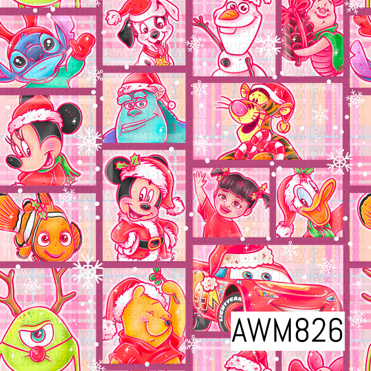 A cheerful Christmas-themed seamless pattern featuring festive cartoon-inspired character portraits dressed in Santa hats, arranged in a patchwork design with mauve frames. Soft pink plaid backgrounds, white snowflakes, and falling snow create a whimsical holiday aesthetic in bright shades of pink, red, green, and teal.