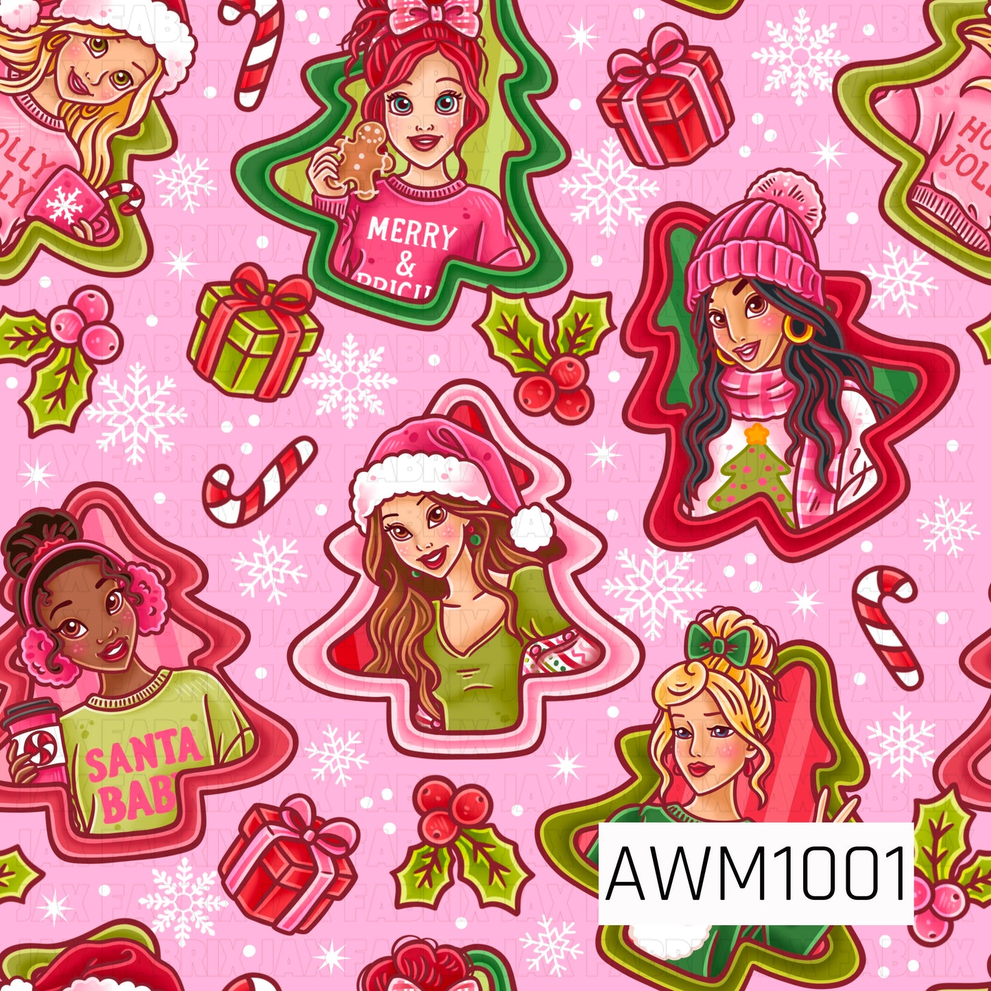 A playful Christmas pattern featuring festive fashion girls dressed in bright pink, red, and green holiday outfits. Christmas tree-shaped frames surround the characters, while wrapped presents, candy canes, holly berries, snowflakes, and scattered snow fill the dark charcoal background. Bold colors and illustrated details give the design a fun, girly holiday feel.