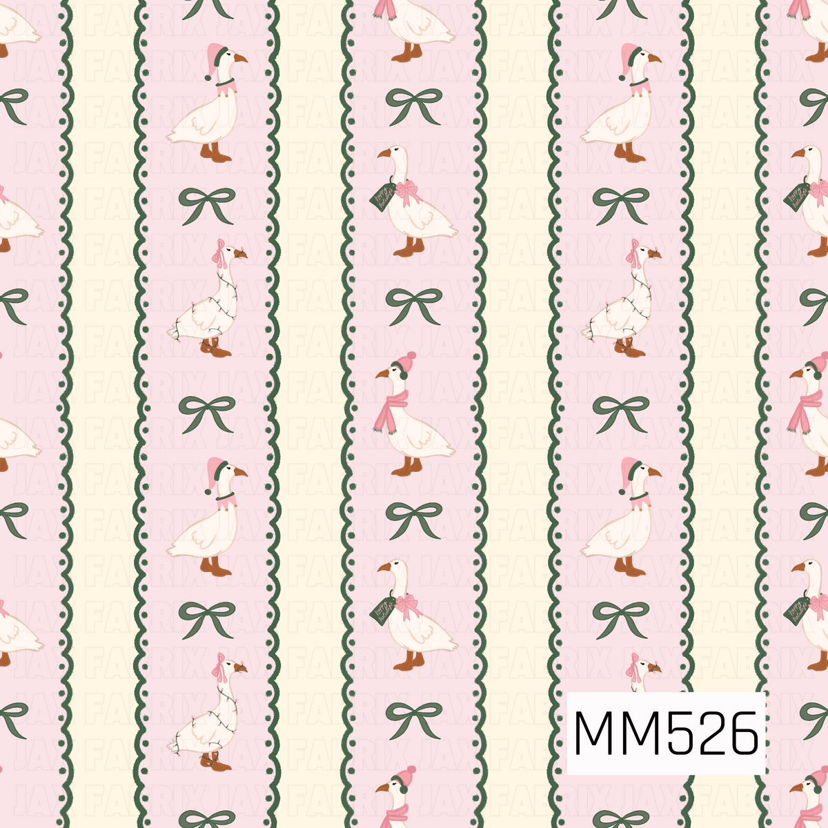 A sweet and whimsical Christmas goose pattern featuring alternating vertical blush pink and creamy ivory stripes bordered by delicate forest green scalloped edges. The pink stripes showcase adorable white geese wearing festive pink hats, cozy scarves, bows, and twinkling Christmas lights, paired with dainty green ribbon bows. The soft, hand-painted textures, pastel pink tones, and charming holiday details create a playful, feminine design with a cozy vintage Christmas feel.