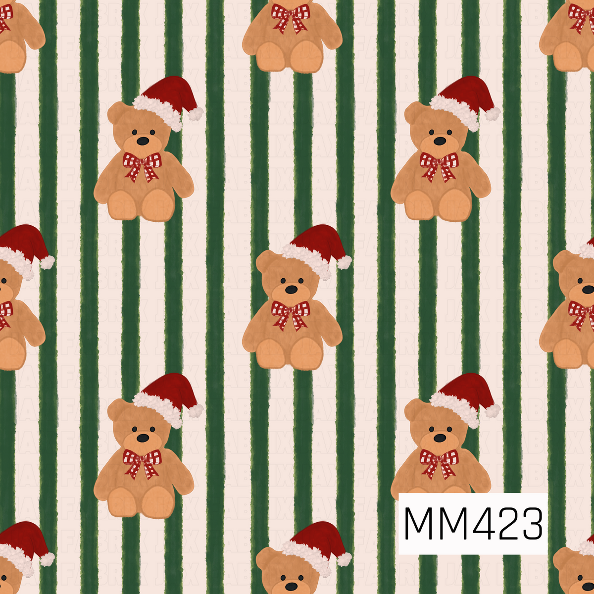 A festive Christmas pattern featuring sweet brown teddy bears wearing classic red Santa hats and red gingham bows. The bears are scattered across a soft cream background with hand-painted vertical forest green stripes for a cozy, vintage holiday feel.