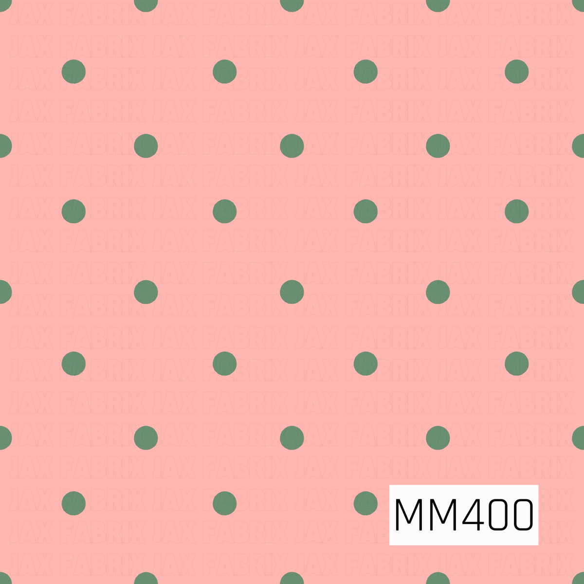 A simple polka dot pattern featuring muted sage green dots evenly scattered across a warm coral pink background. The contrasting colors give it a playful, retro-inspired look.