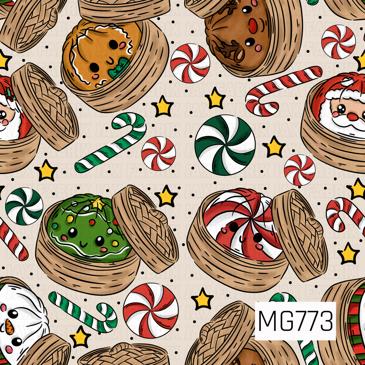 A playful Christmas pattern featuring adorable smiling holiday-themed dumplings tucked inside bamboo steamer baskets. Festive characters include Santa, a snowman, a gingerbread cookie, a decorated Christmas tree, and a peppermint candy. Red, white, and green candy canes, swirling peppermint candies, golden stars, and scattered black dots decorate the warm beige background, creating a cute and whimsical holiday design.
