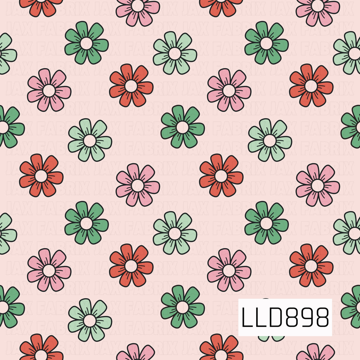 A cheerful retro floral seamless design featuring scattered hand-drawn flowers in shades of coral red, soft pink, mint green, and deeper green. The pale blush background and bold dark outlines give the pattern a playful vintage-inspired feel.