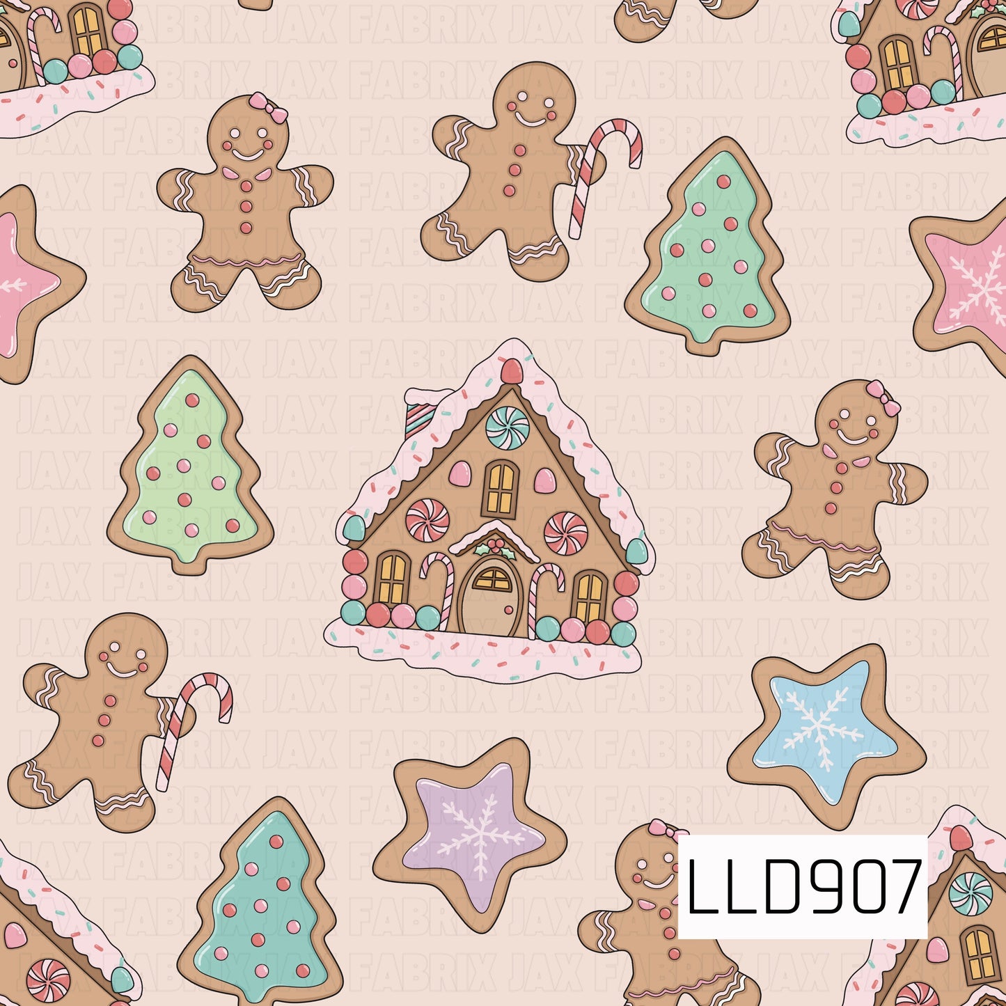 A sweet pastel Christmas pattern featuring gingerbread boys and girls, decorated Christmas tree cookies, colorful snowflake star cookies, candy canes, and whimsical gingerbread houses. Soft pink, mint, aqua, lavender, and warm gingerbread tones give it a playful candy-shop holiday feel.