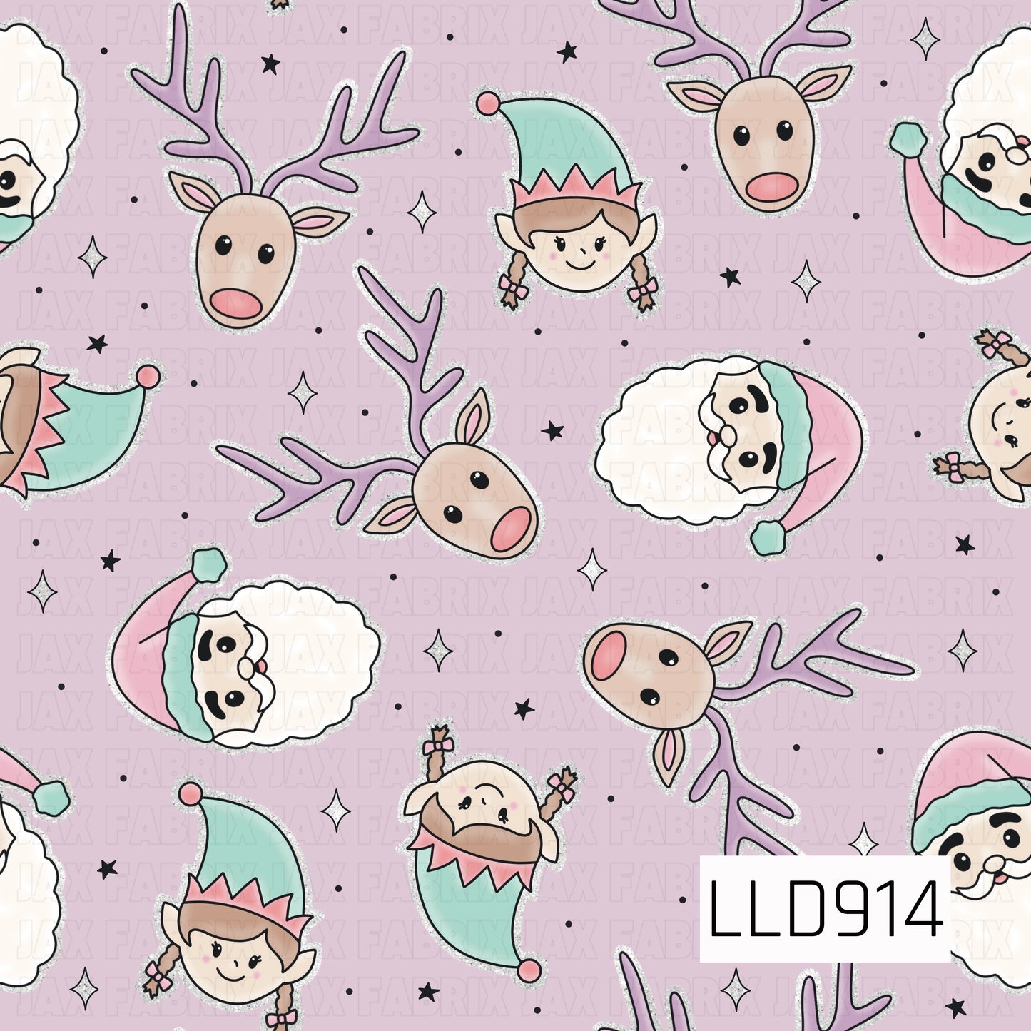 A whimsical pastel Christmas design featuring cheerful reindeer, smiling elves with braided pigtails, and jolly Santas scattered across a soft lavender-pink background. Mint, blush pink, lavender, and cream tones are accented with sparkly silver details, tiny stars, dots, and twinkles for a sweet and playful holiday look.