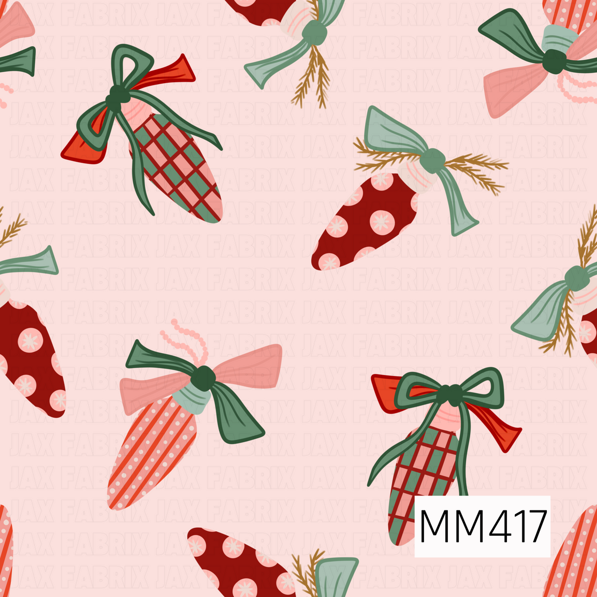 A festive ornament pattern featuring whimsical elongated ornaments tied with oversized bows and decorated with stripes, plaid, polka dots, and delicate details. Soft pink, coral red, sage green, mint, and mustard tones are scattered across a pale blush pink background.