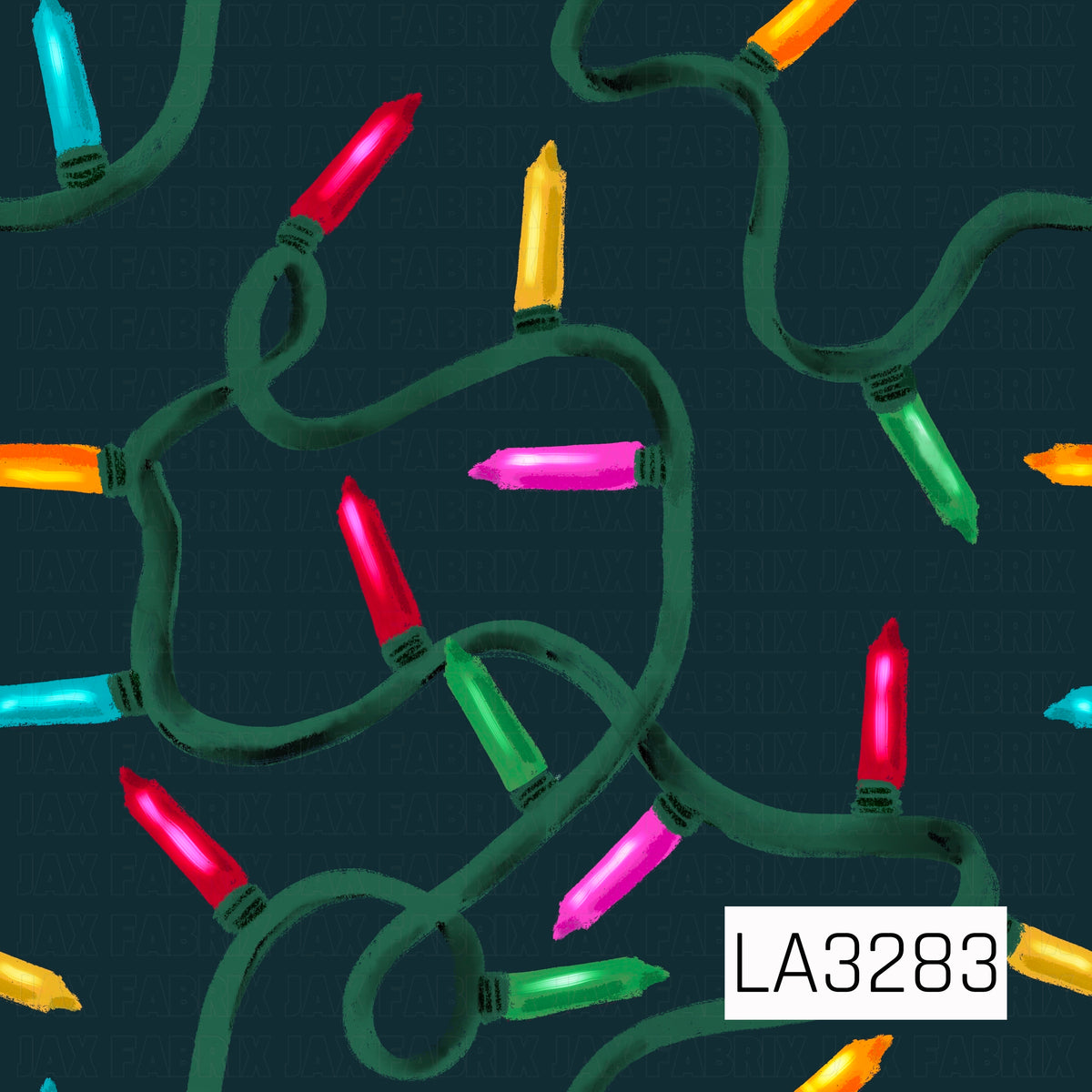 A playful hand-painted Christmas light pattern featuring oversized colorful bulbs in bright red, pink, aqua, green, yellow, and orange connected by looping dark green cords. The deep navy background makes the vibrant lights pop while the textured brushstrokes give the design a whimsical, festive feel.