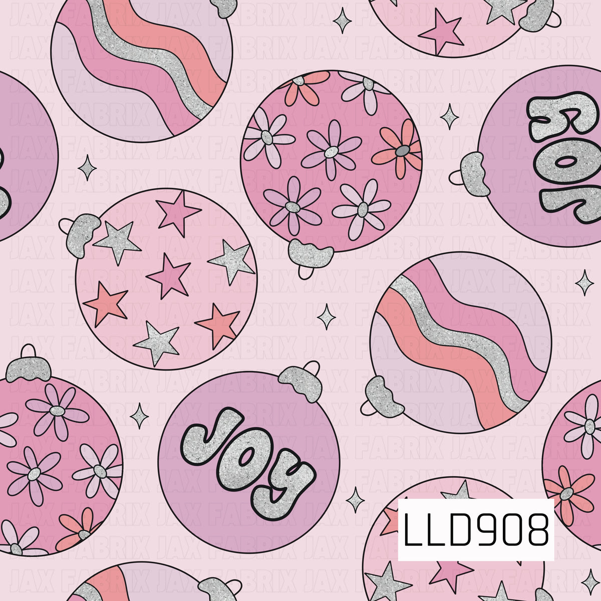 A fun retro Christmas ornament pattern featuring oversized pink baubles filled with wavy stripes, groovy flowers, stars, and bold “JOY” lettering. Sparkly silver accents and tiny twinkling stars add a festive touch, while the shades of pink and coral give the design a playful, girly holiday feel.