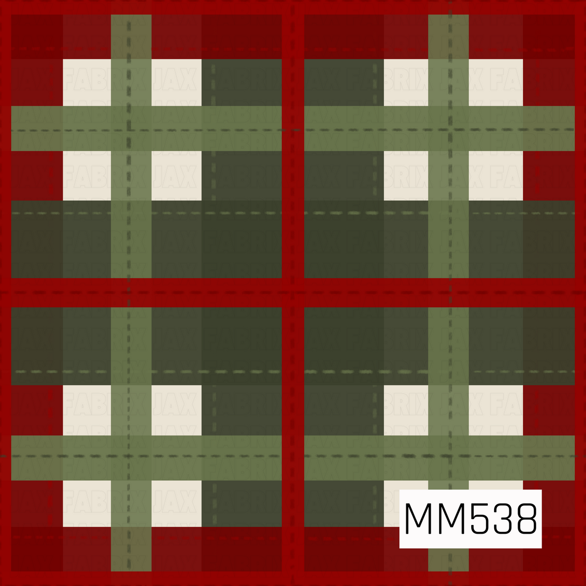 A classic Christmas plaid pattern featuring bold intersecting stripes of rich cranberry red, deep forest green, muted olive green, and warm ivory. Wide red bands create a structured checkered design, while overlapping green stripes add depth and dimension. Subtle dashed lines run throughout the plaid, giving it a cozy, woven fabric appearance with a timeless, traditional holiday feel.