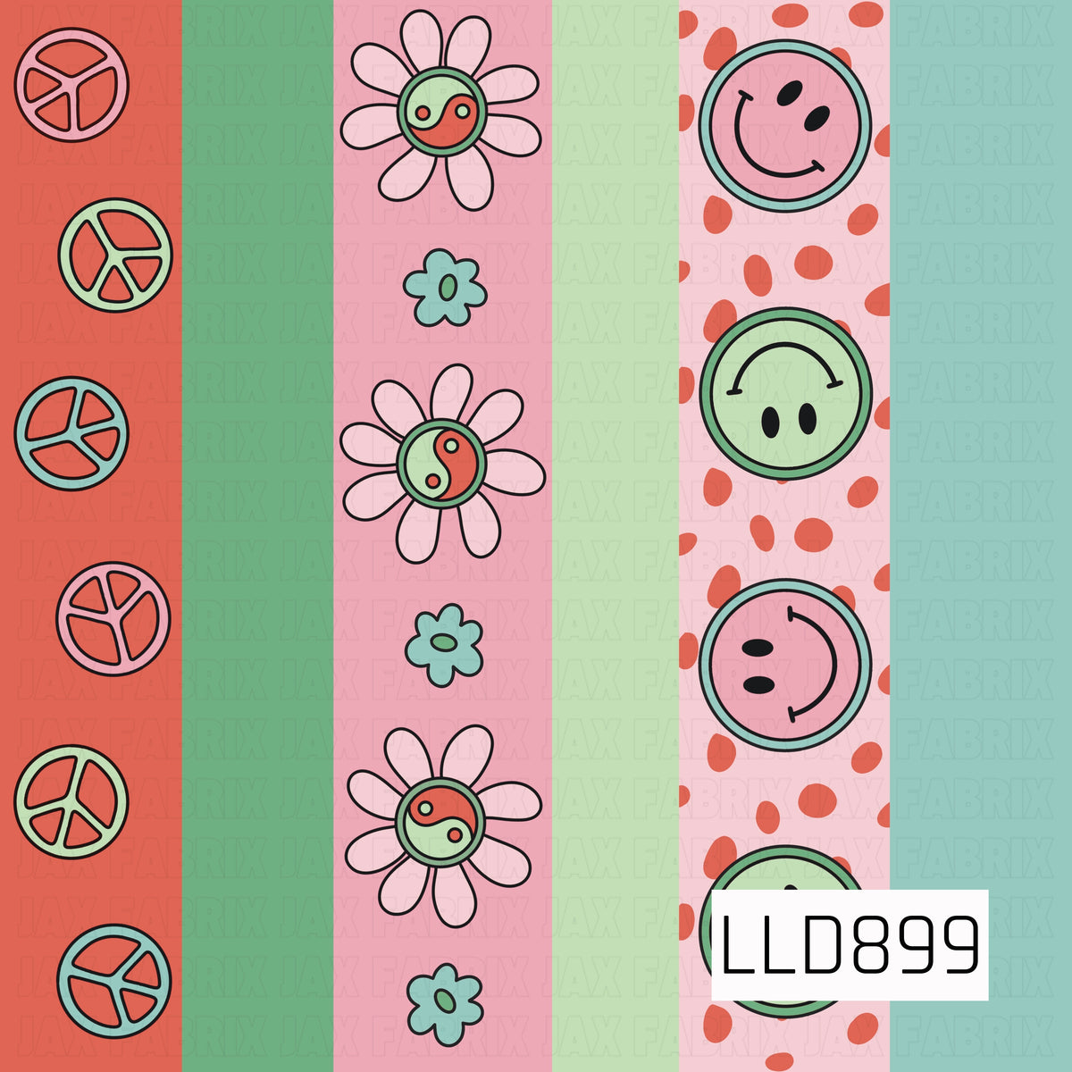 A playful retro stripe design featuring bold vertical panels in coral, green, pink, mint, and aqua. The stripes are accented with hand-drawn peace signs, whimsical flowers with yin-yang centers, smiley faces, and scattered dots for a fun, groovy vintage-inspired look.
